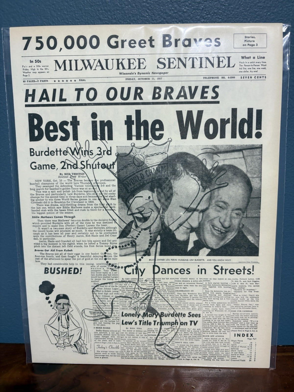 VINTAGE NEWSPAPER HEADLINE ~ MILWAUKEE BRAVES BASEBALL WORLD SERIES CHAMPS 1957