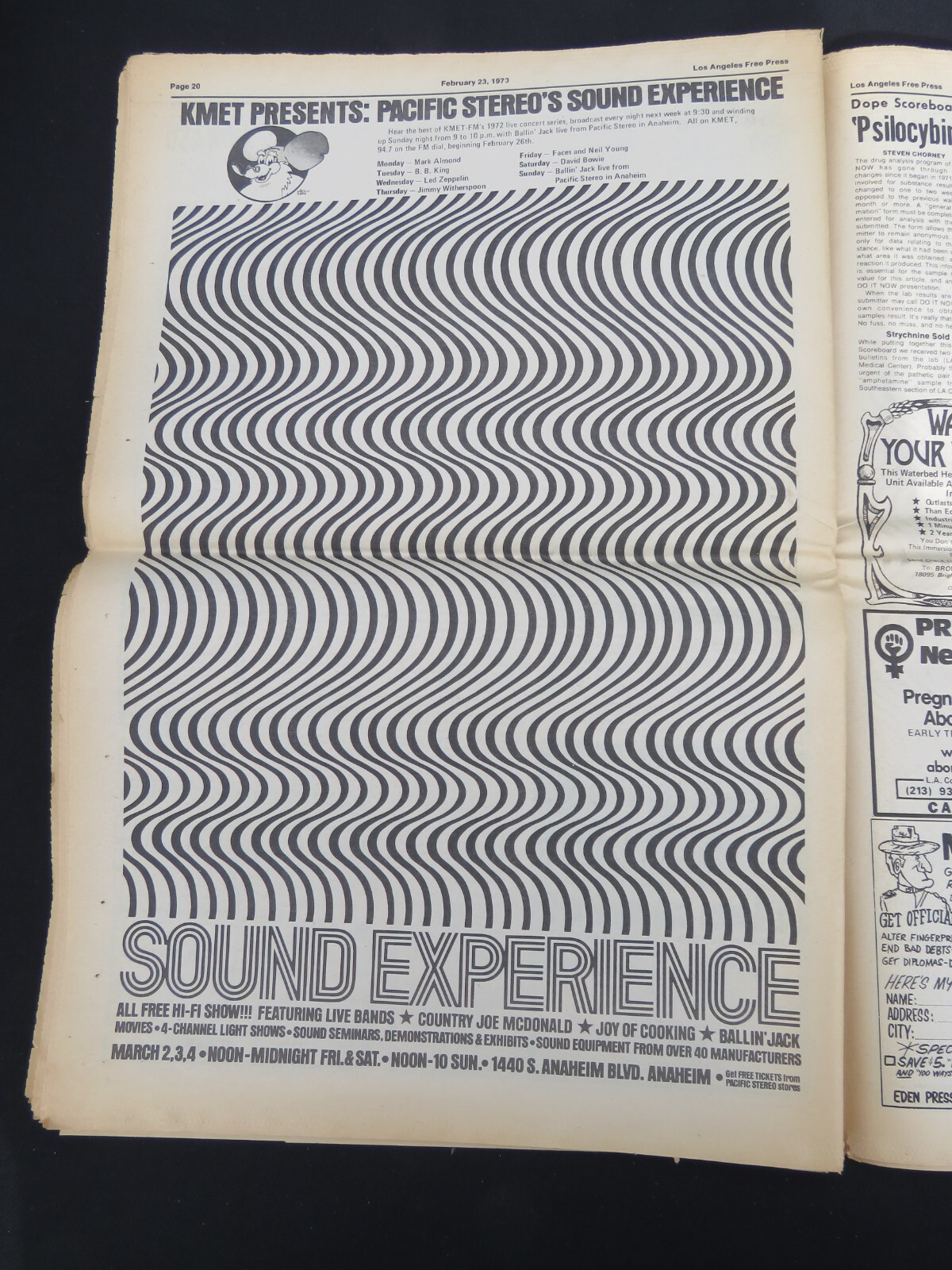 L.A. FREE PRESS UNDERGROUND NEWSPAPER Feb 23, 1973, Concert Ads Counter-Culture