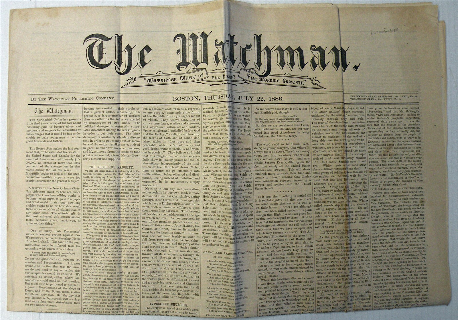 Original Newspaper July 22,1886 THE WATCHMAN -Watchman Publishing Company Boston