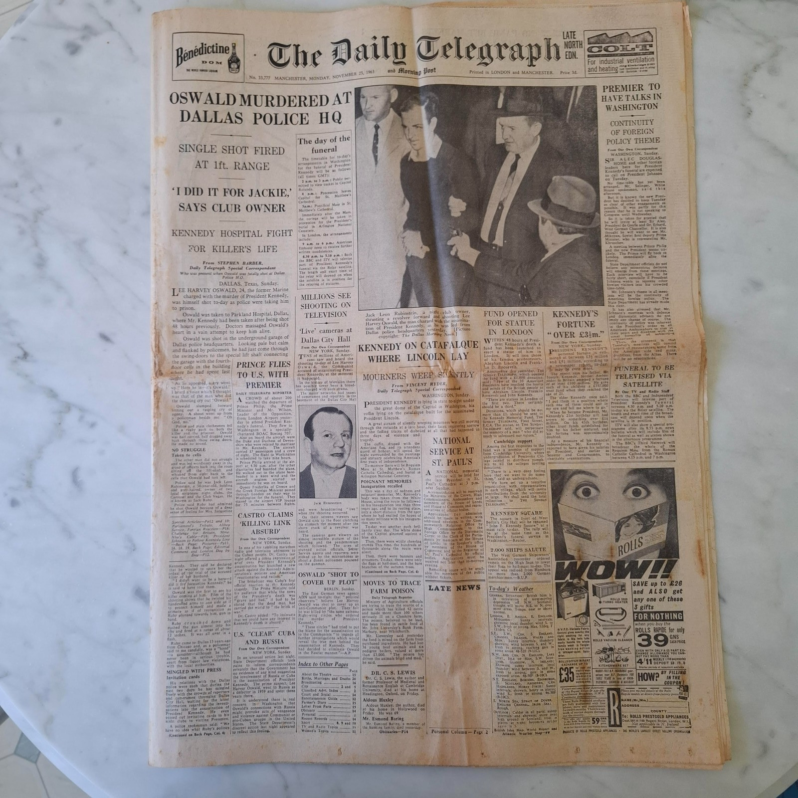 Daily Telegraph Nov 25 1963 Original Newspaper. Oswald Shot by Ruby