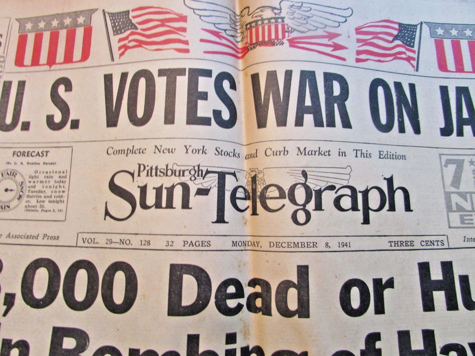 December 8, 1941 – U. S. VOTES WAR ON JAPS – Pittsburgh Sun-Telegraph