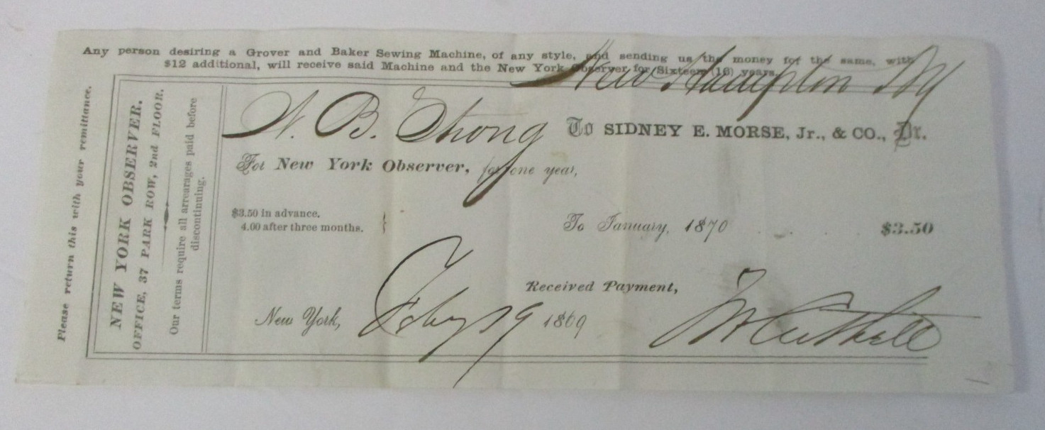 1869 Receipt for New York Observer Newspaper Subscription