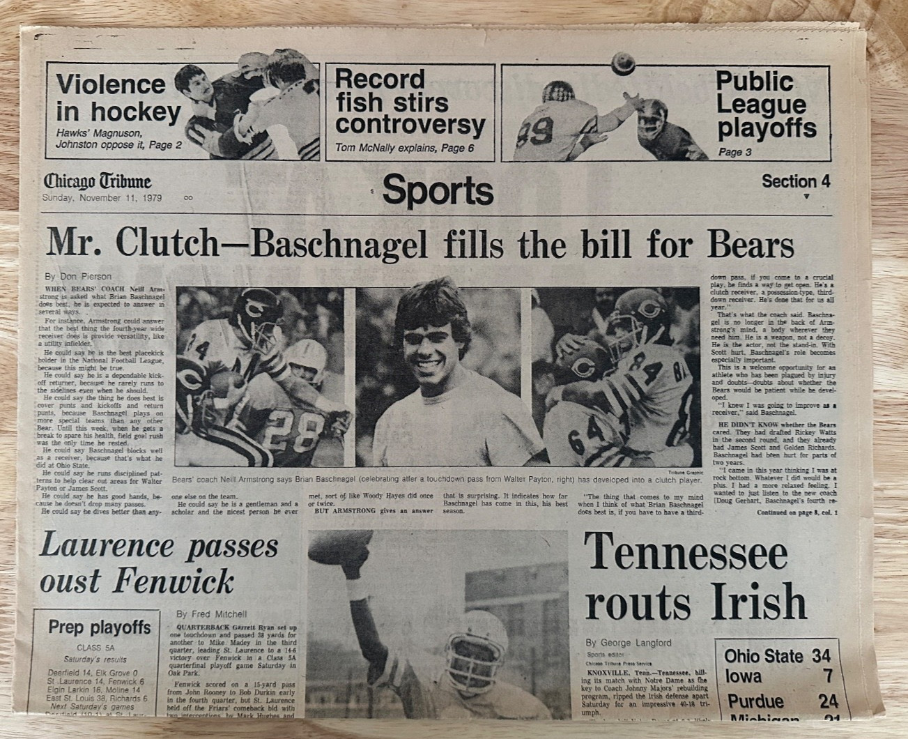 Chicago Tribune Sports 11/11/1979 – Chicago Bears, Tennessee over Notre Dame