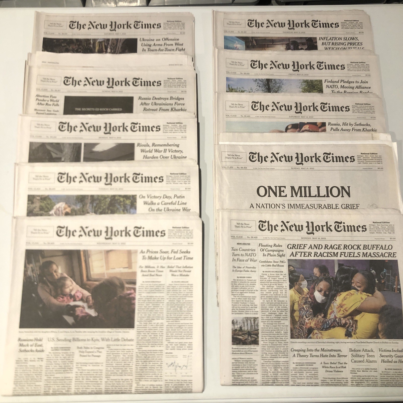 New York Times 10 Used Newspapers Lot – May 7 8 9 10 11 12 13 14 15 16, 2022