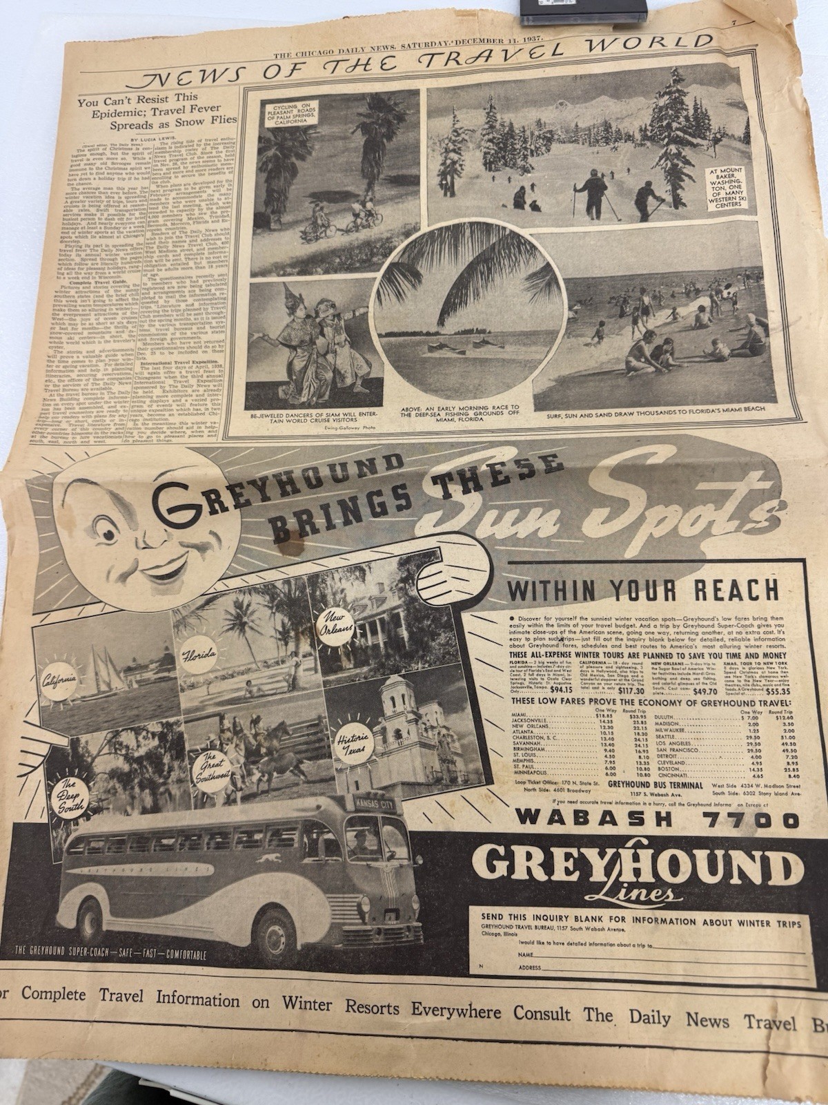Chicago Daily News Ephemera December 11,1937 Travel And Entertainment Section +