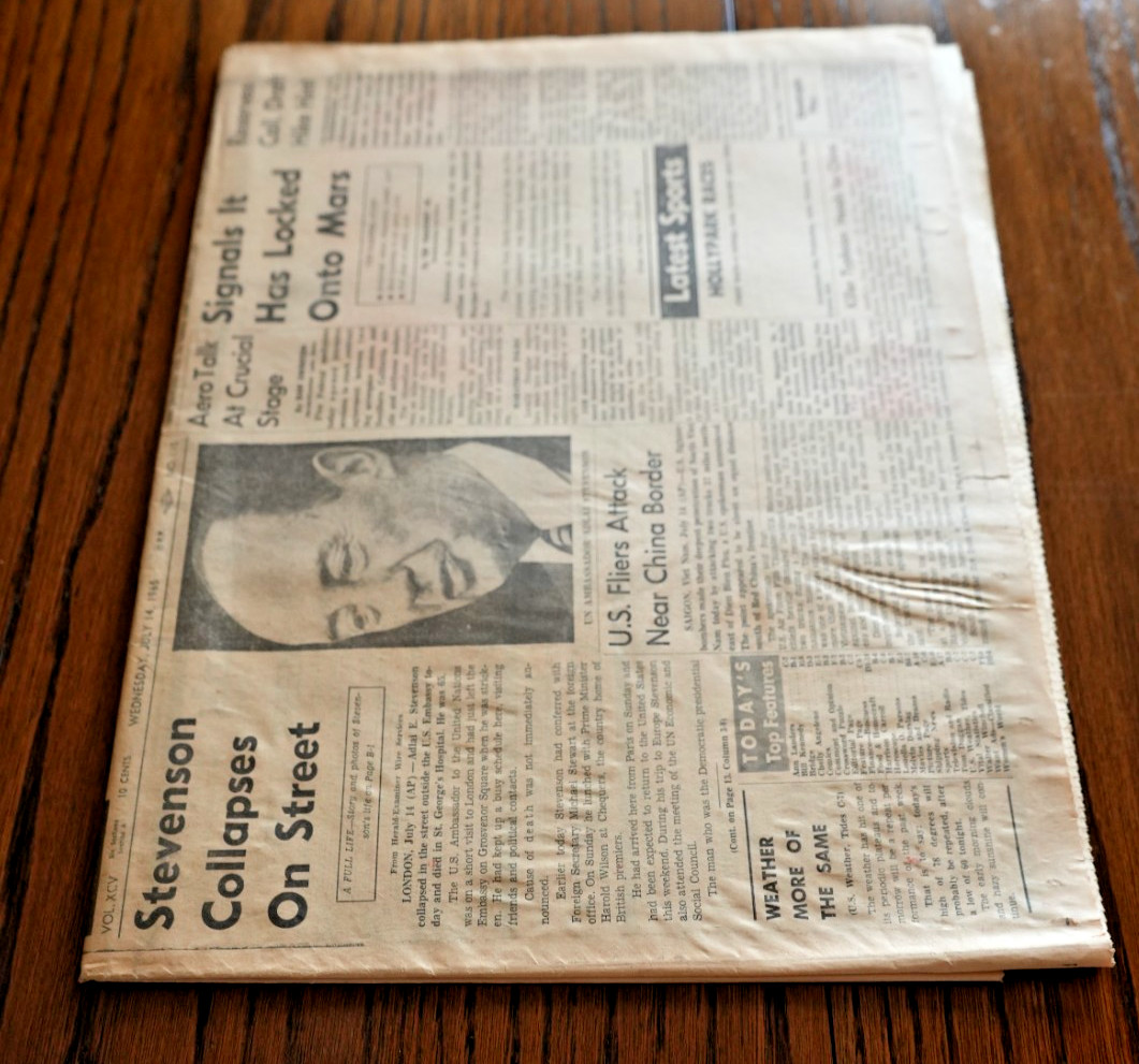 LOS ANGELES HERALD EXAMINER – WED July 14, 1965 – ALDAI DIES – NASA MARINER NEWS