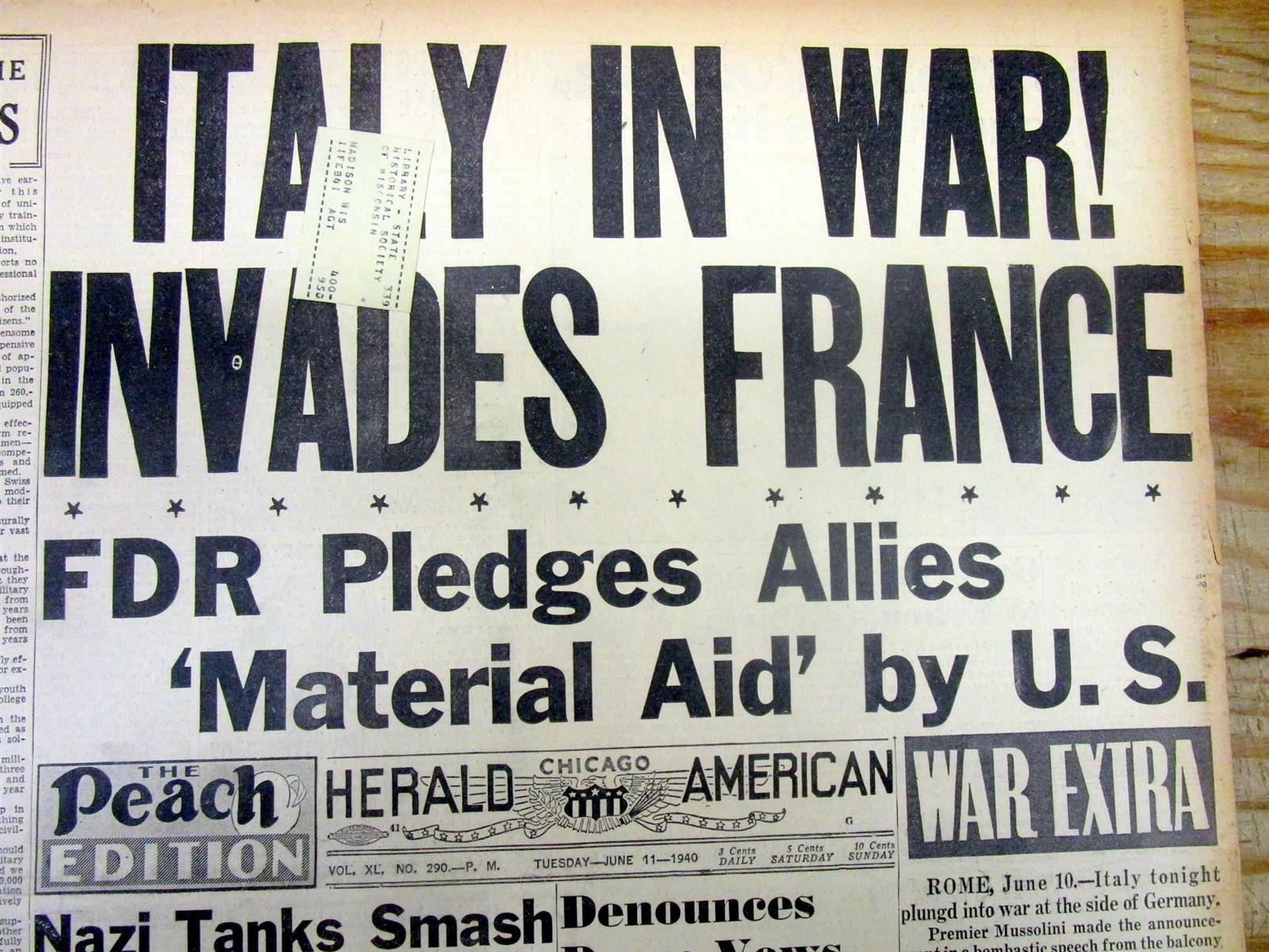 1940 WW II newspaper ITALY ENTERS WORLD WAR TWO as AXIS POWER – Attacks France