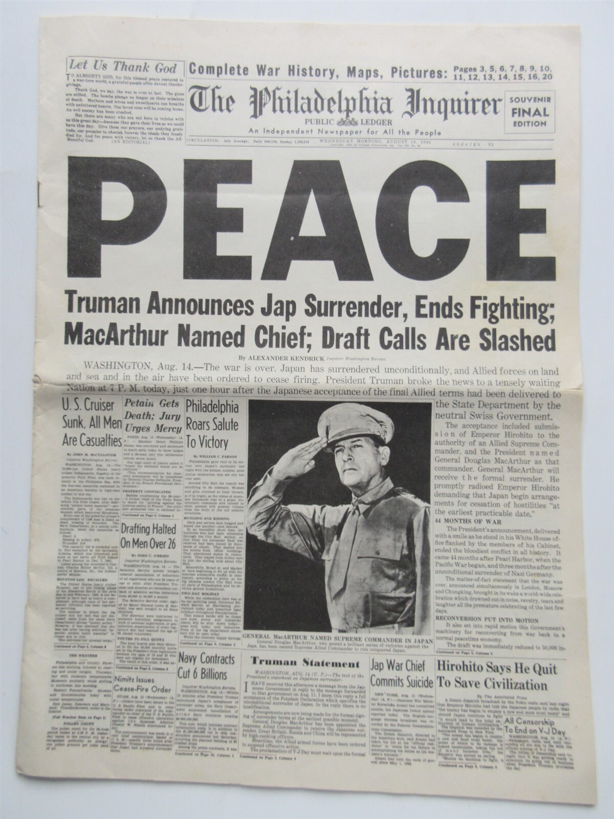 The Philadelphia Inquirer 8/15/1945 “Peace” Issue – Miniaturized Souvenir Final
