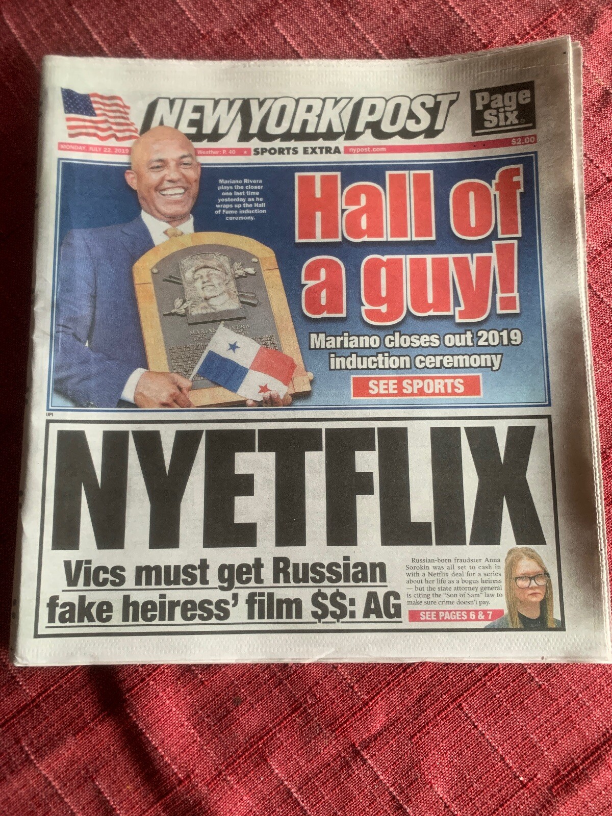 MARIANO RIVERA NY POST NEWSPAPER NY YANKEES HALL OF FAME INDUCTION 7/23/19
