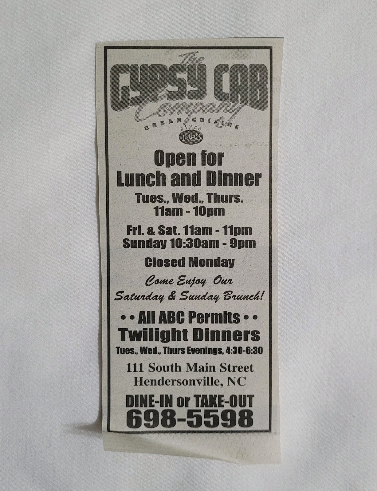 Vintage Gypsy Cab Company Restaurant Hendersonville NC Newspaper Advertisement