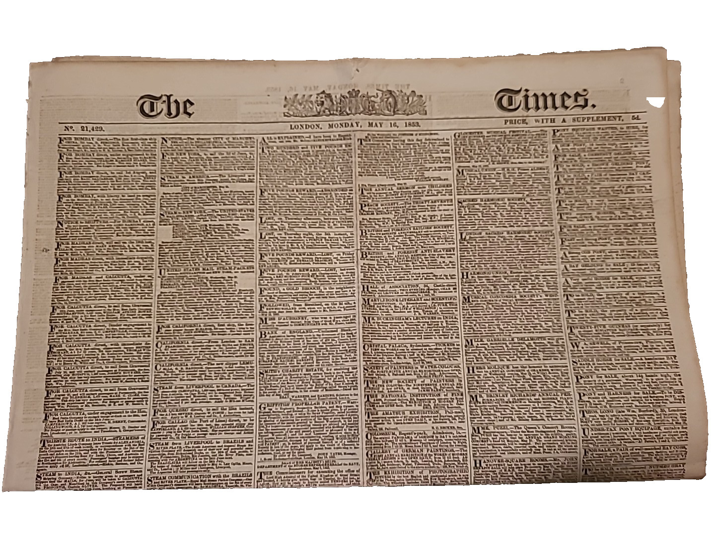 THE TIMES LONDON ANTIQUE 1853 NEWSPAPER COMPLETE Original May 16th Ephemera