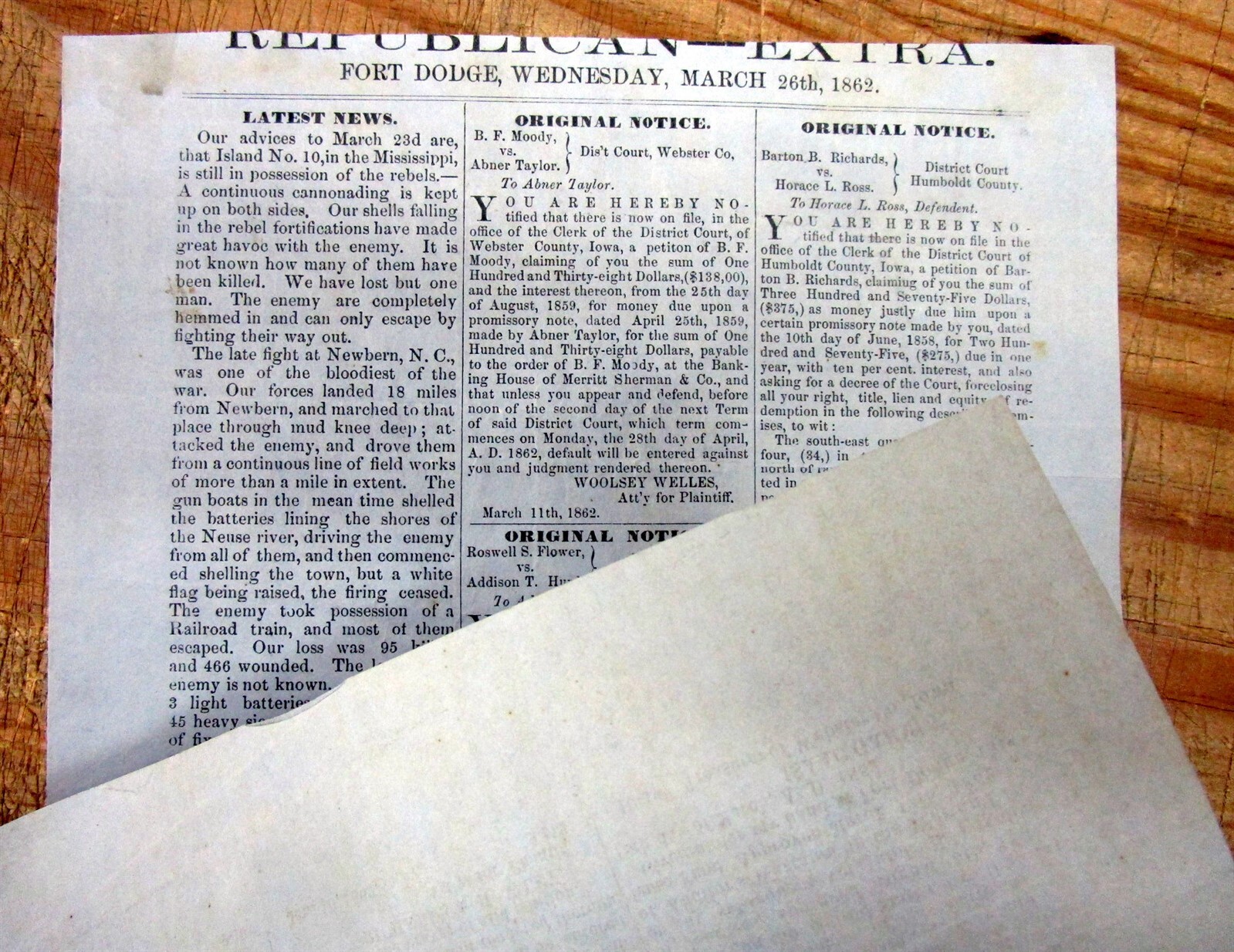 1862 FT Dodge IOWA Civil War BROADSIDE “EXTRA” newspaper- BATTLE of NEW BERNE NC
