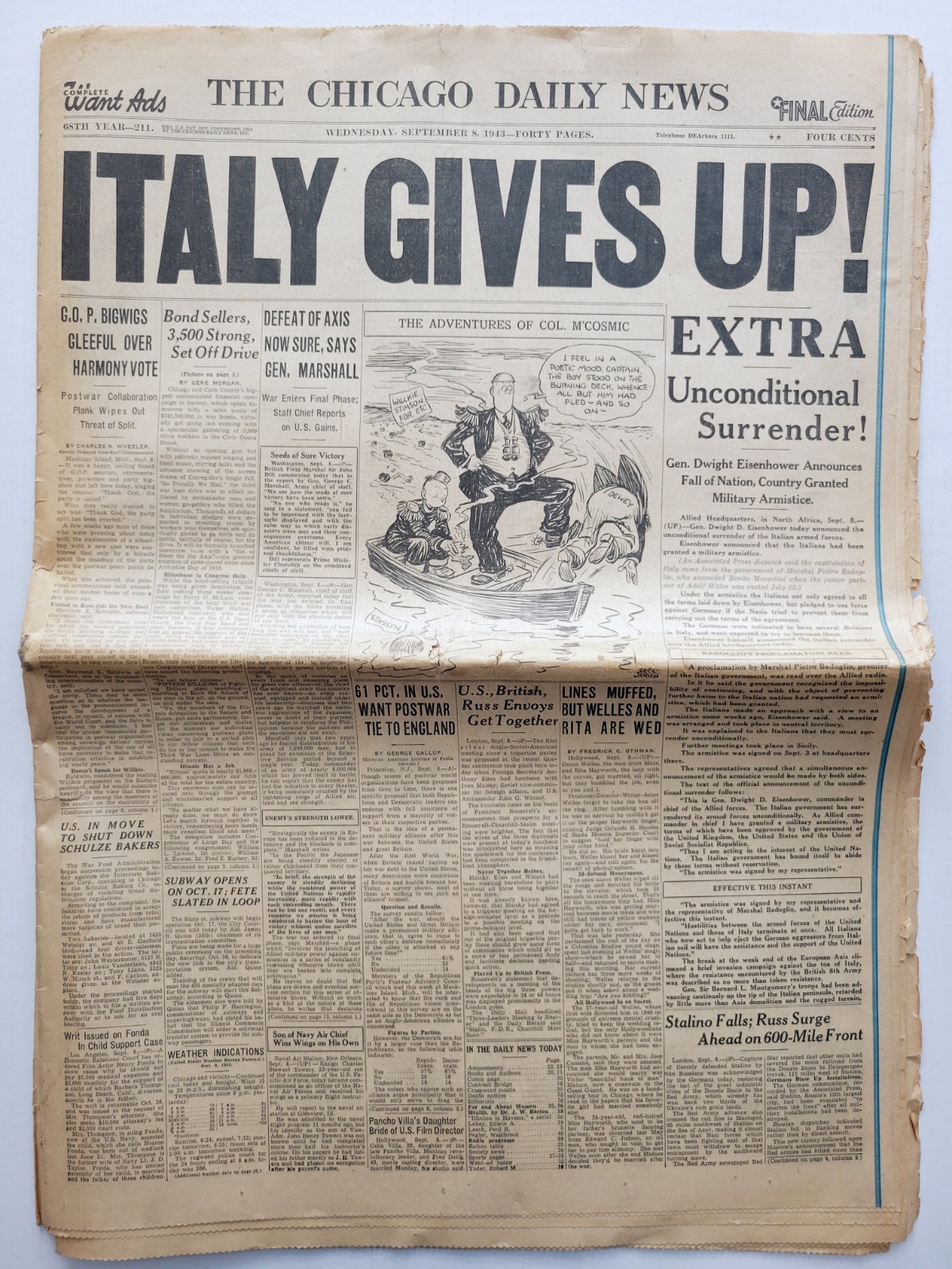 1943 Sep 8: World War II ITALY GIVES UP Chicago Daily News + ORSON Weds HAYWORTH