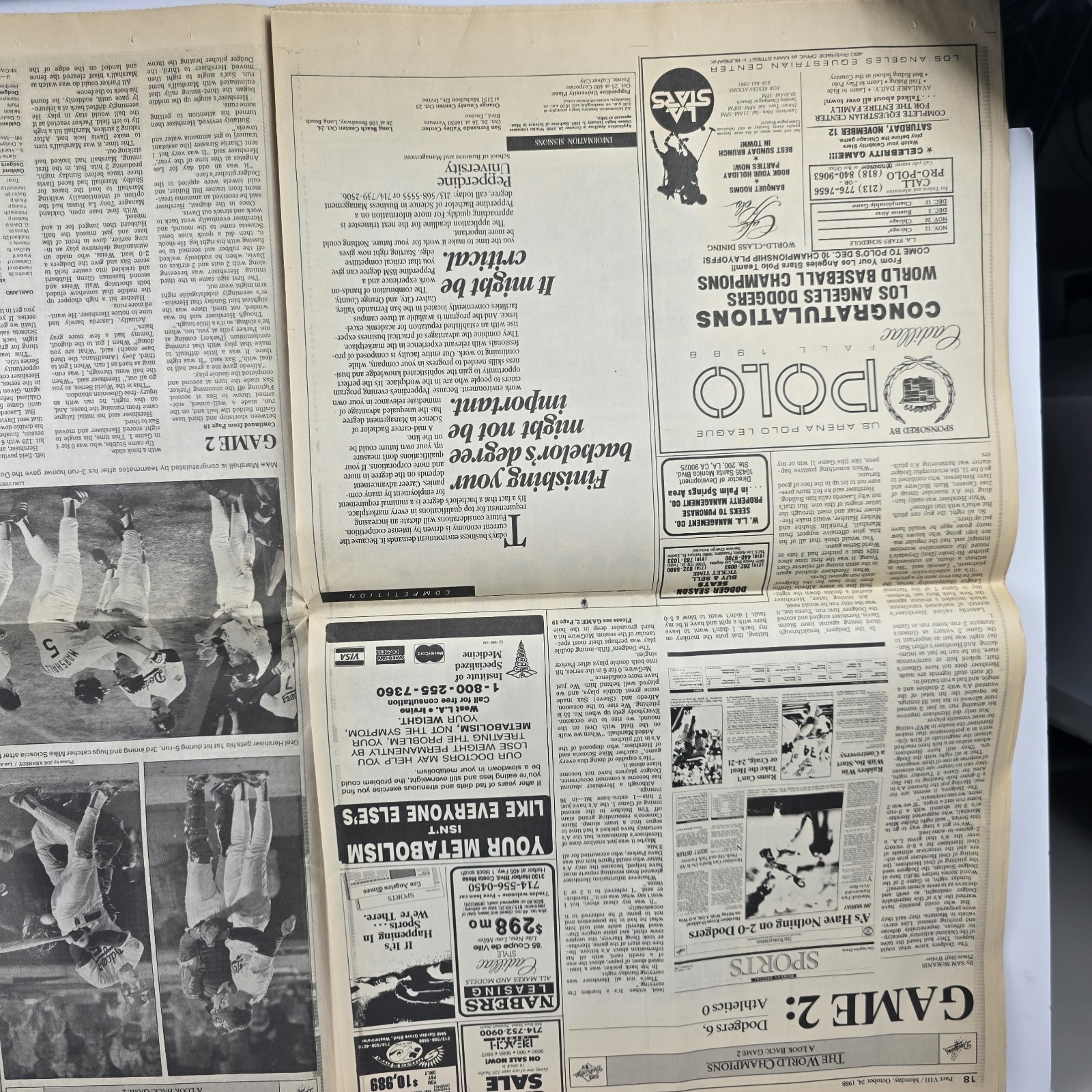 1988 Los Angeles Dodgers World Series Champions Newspaper