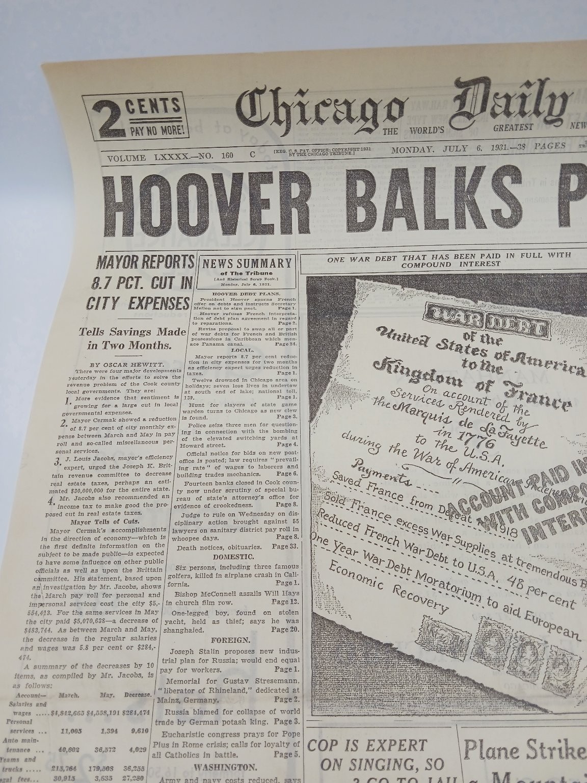 July 1931 Chicago Tribune Hoover Paris Plan Plane Crash Newspaper Page