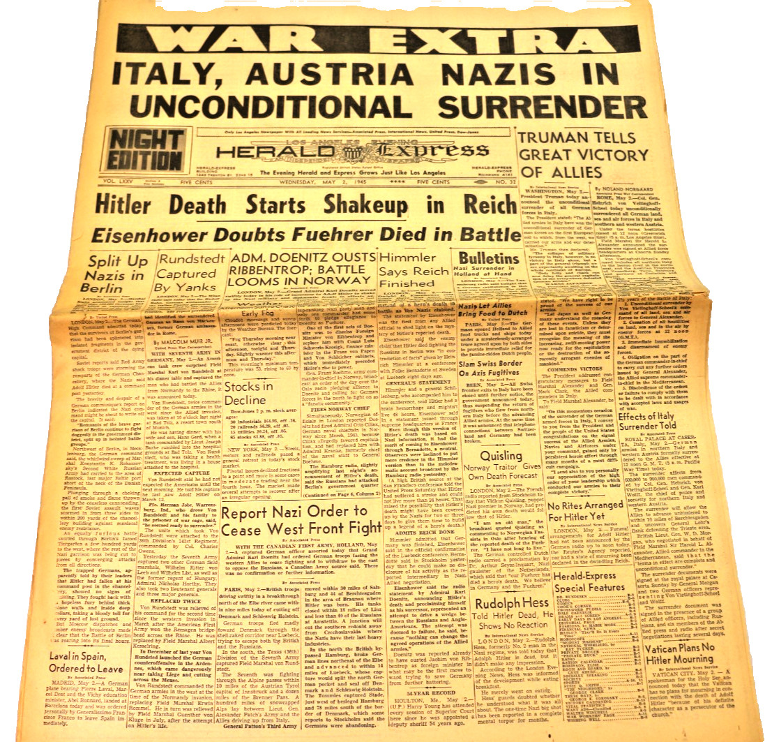 Los Angeles Herald Examiner May 2, 1945 WAR EXTRA Unconditional Surrender