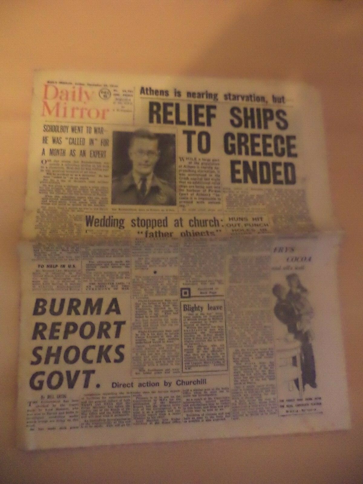 daily mirror OLD VINTAGE ORIG NEWSPAPER 1940S ww2 15 dec 1944 burma athens