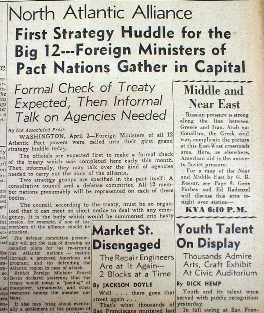 1949 newspaper NATO North Atlantic Treaty Organization FORMED to COUNTER RUSSIA