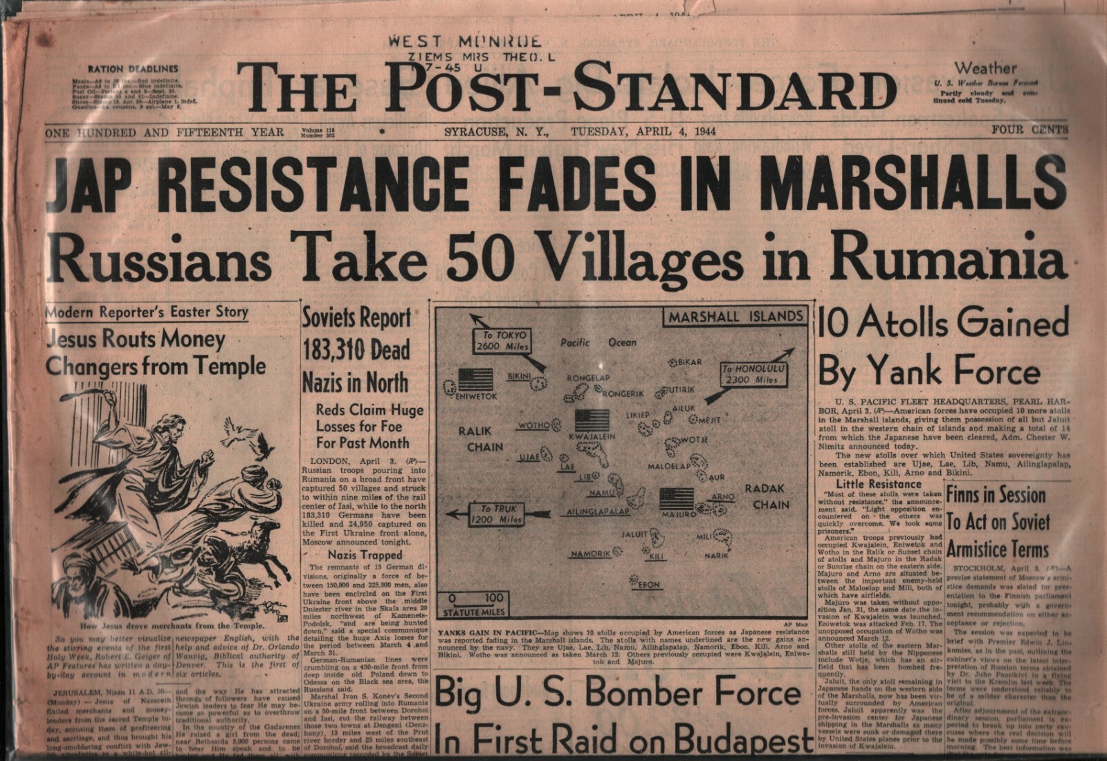 Post-Standard NY July 18, 1943 Axis in Marshalls, Italy in Cassino 110221WEBAN