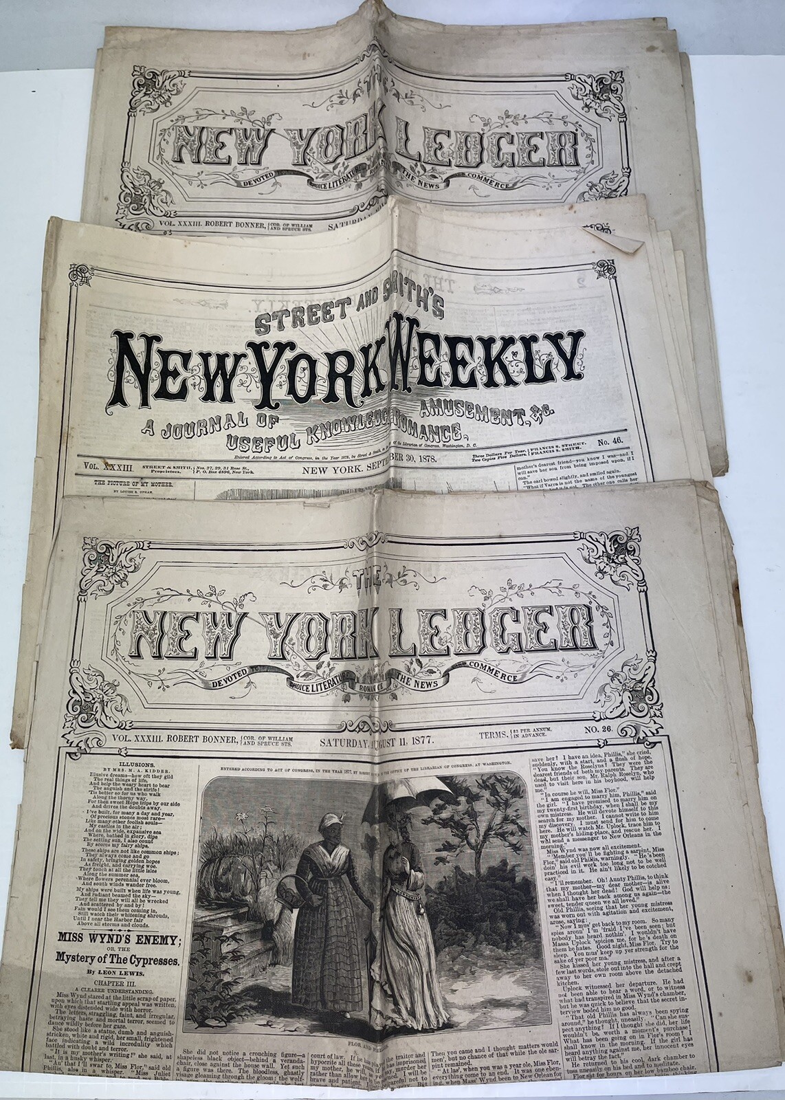 3 Antique Newspapers NY Ledgers NY Weekly 1877-1878 Fiction Stories News Of Day