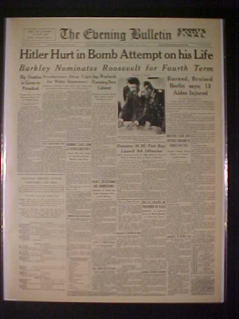 VINTAGE NEWSPAPER HEADLINE WORLD WAR 2 GERMAN NAZI HITLER HURT BOMBED WWII 1944