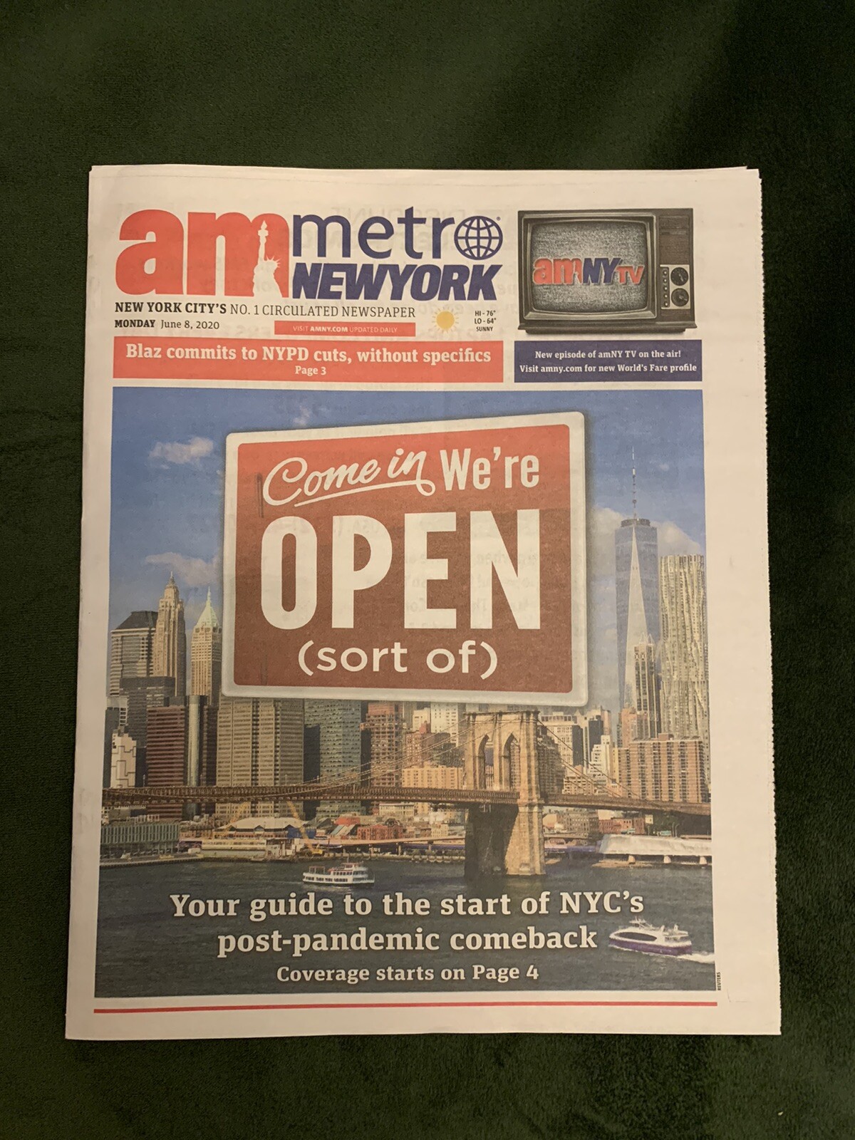 AM New York Newspaper 6/8/20 – NYC Open For Business AMNY City ?