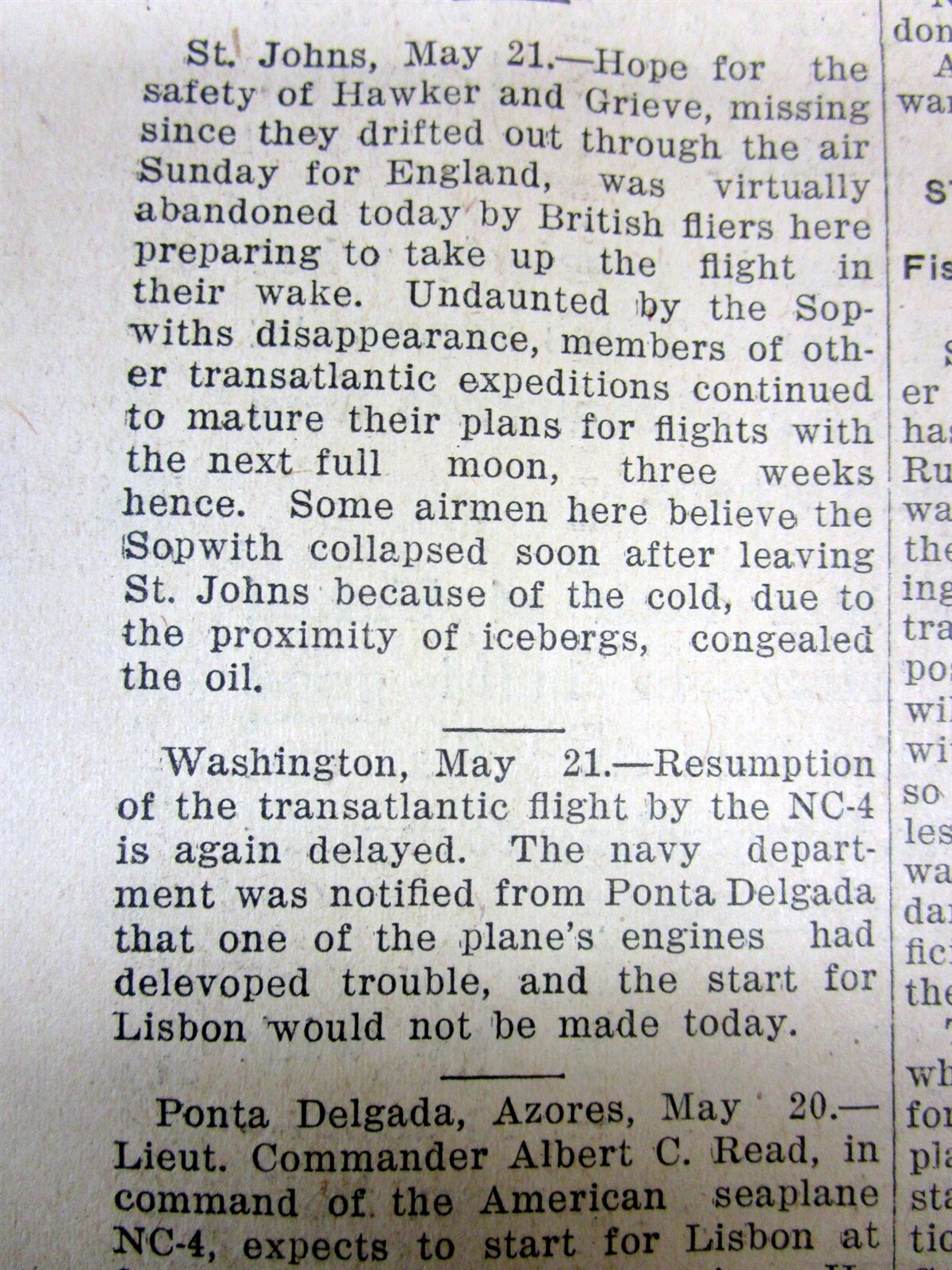 2 1919 newspapers NC-4 AIRPLANE becomes 1st Complete flight over Atlantic Ocean