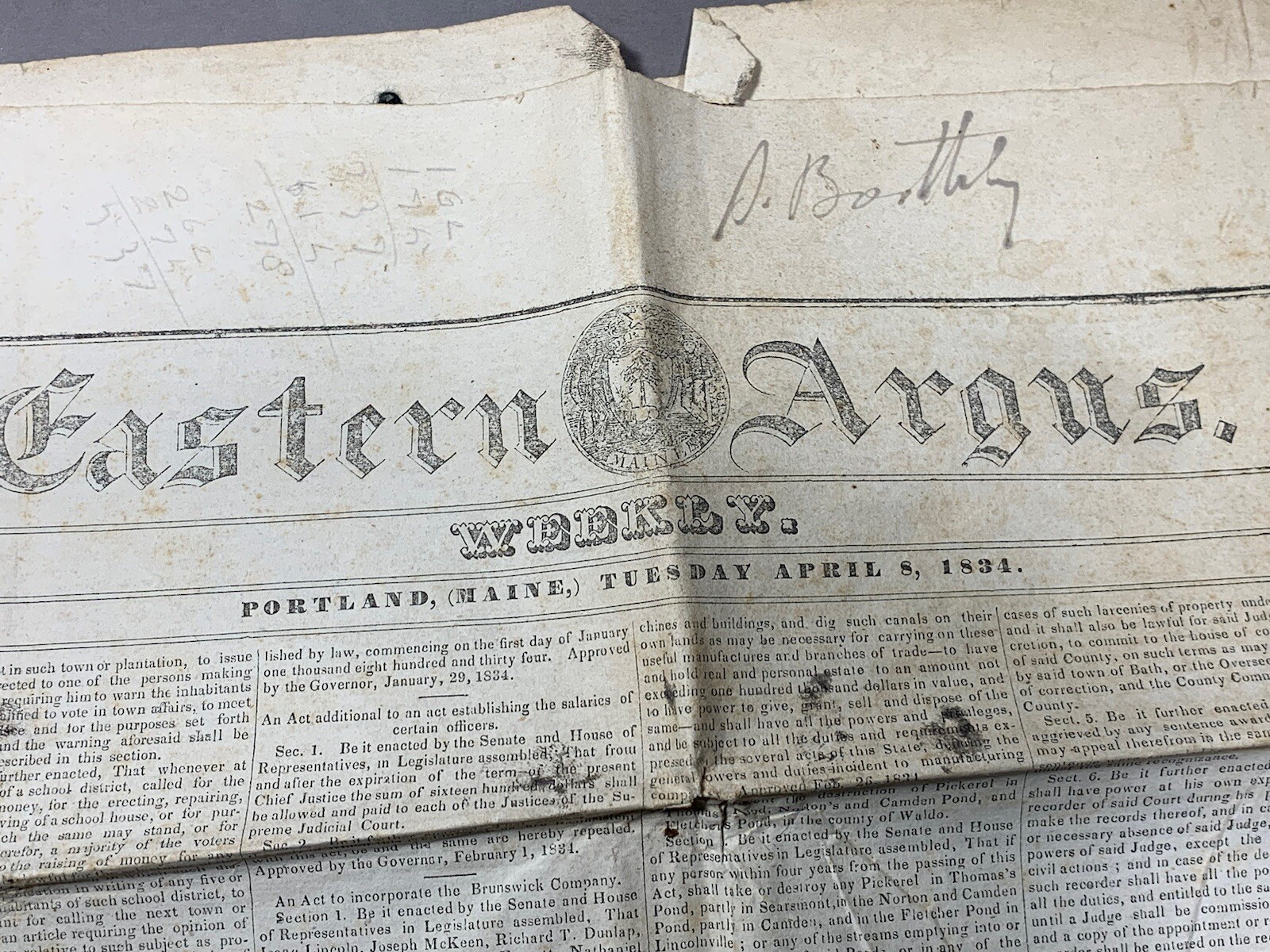 1834 Antique Newspaper ~ Eastern Argus ~ Portland, Maine ~ Old News History