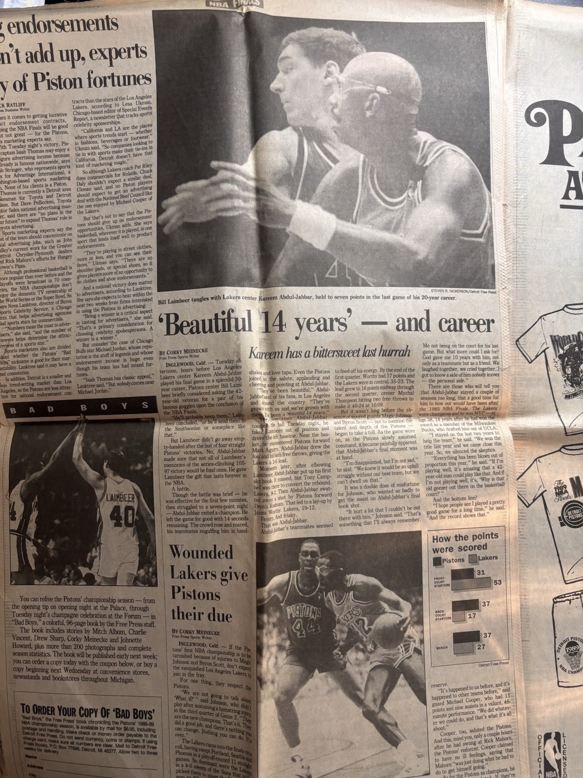 Detroit Free Press Sports Section June 14 1989 Detroit Pistons NBA Champs
