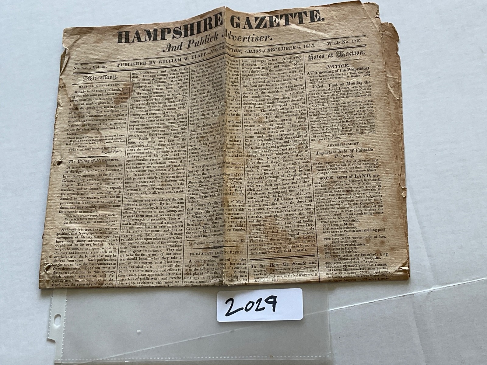 NAPOLEON AT ST HELENA ISLAND NEWSPAPER COMPLETE NORTH HAMPTON MASS 1815 PUBLICL