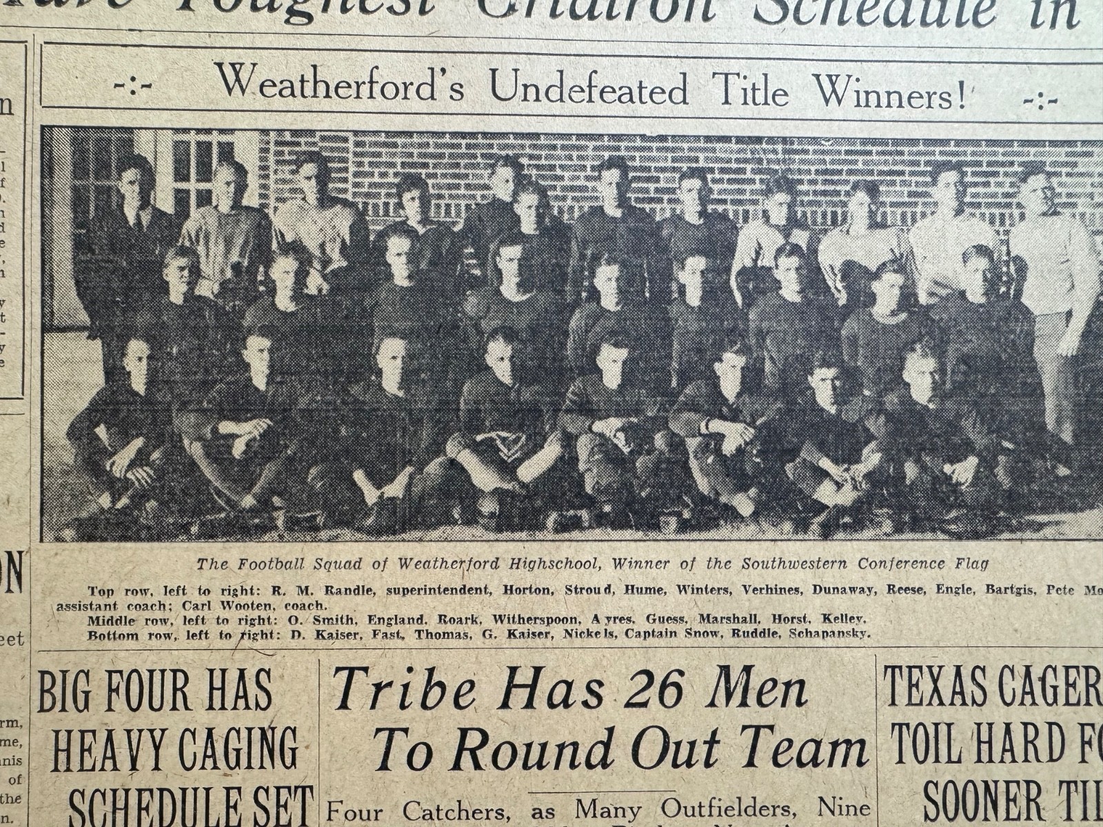 1929 WEATHERFORD,OKLA. HIGHSCHOOL FOOTBALL TEAM OKLA. CITY NEWSPAPER PAGE