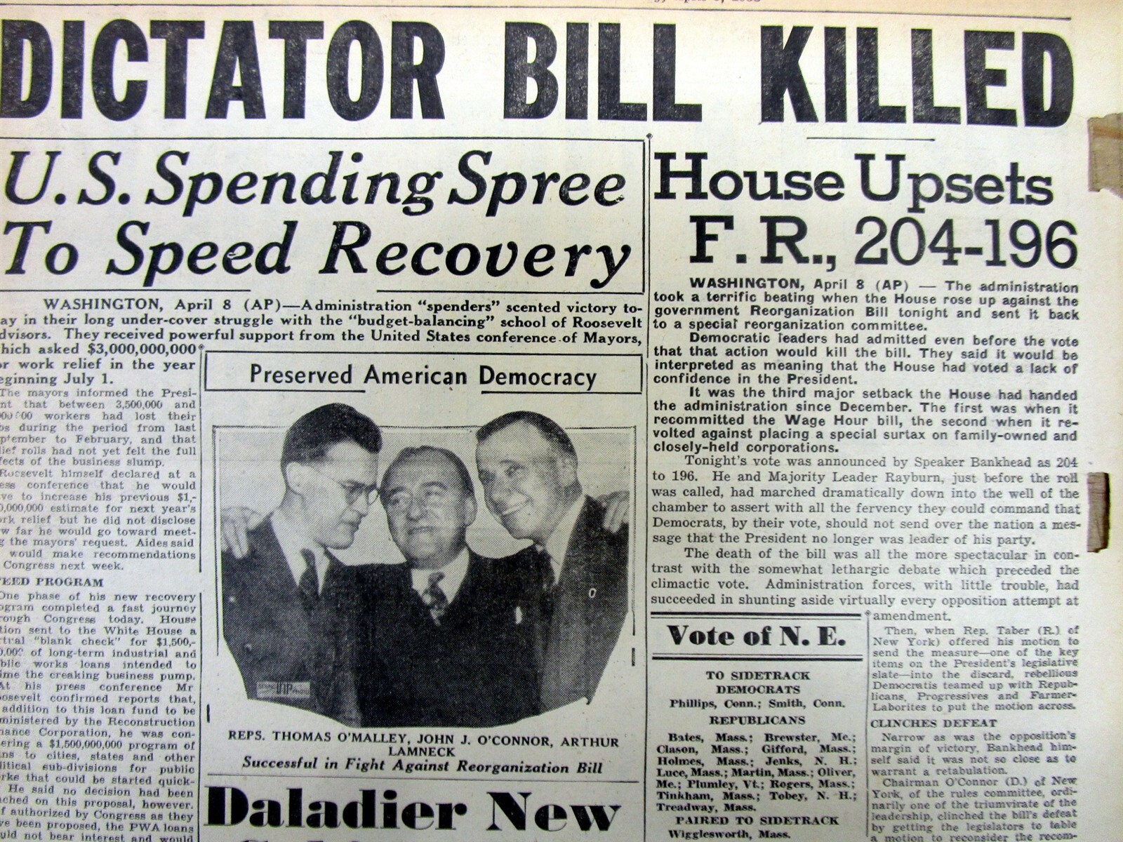 1938 newspaper FRANKLIN D ROOSEVELT “DICTATOR” BILL fails to pass in US Congress