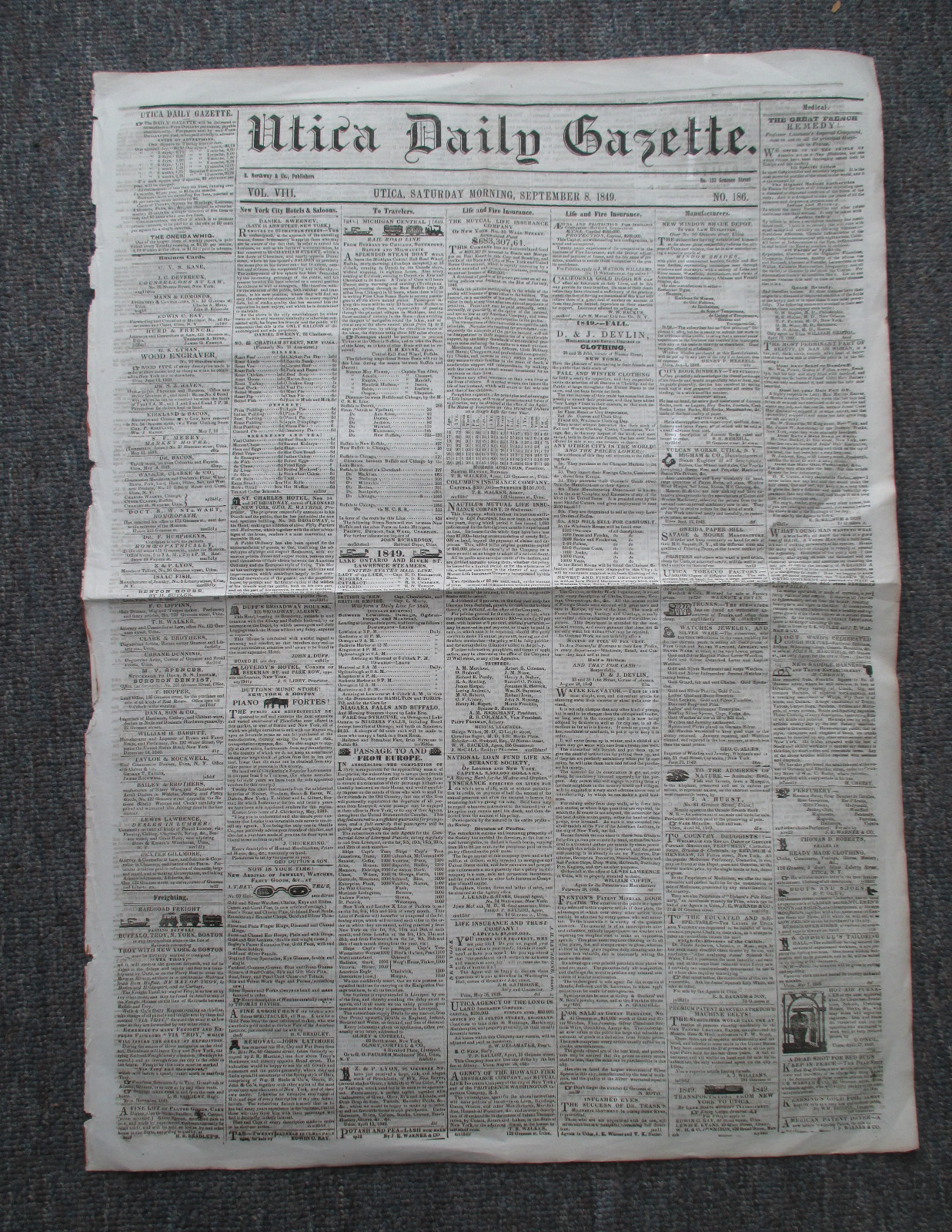 September 8, 1849 UTICA NY DAILY GAZETTE Newspaper