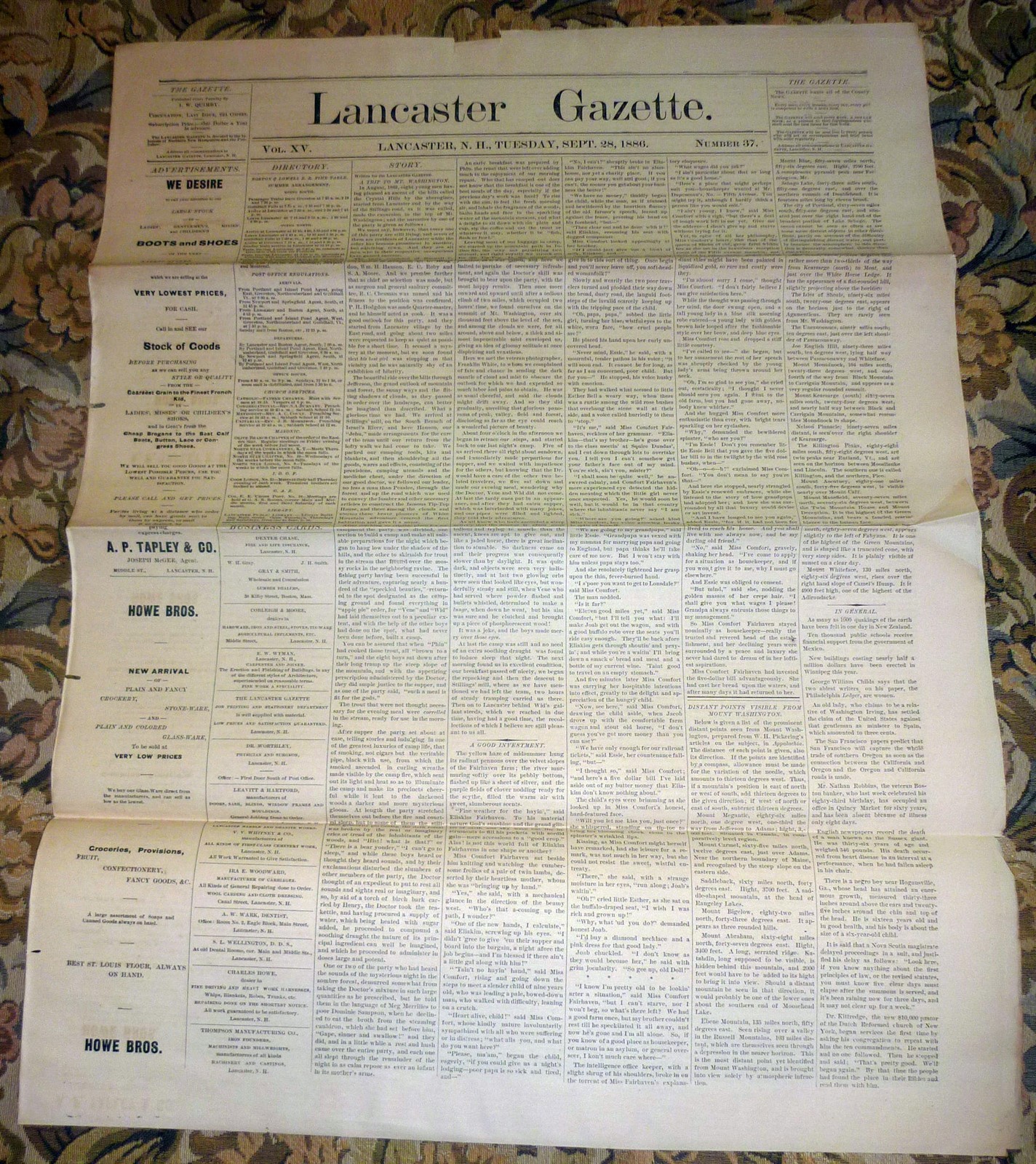 Lancaster, New Hampshire Gazette Newspaper – September 28, 1886