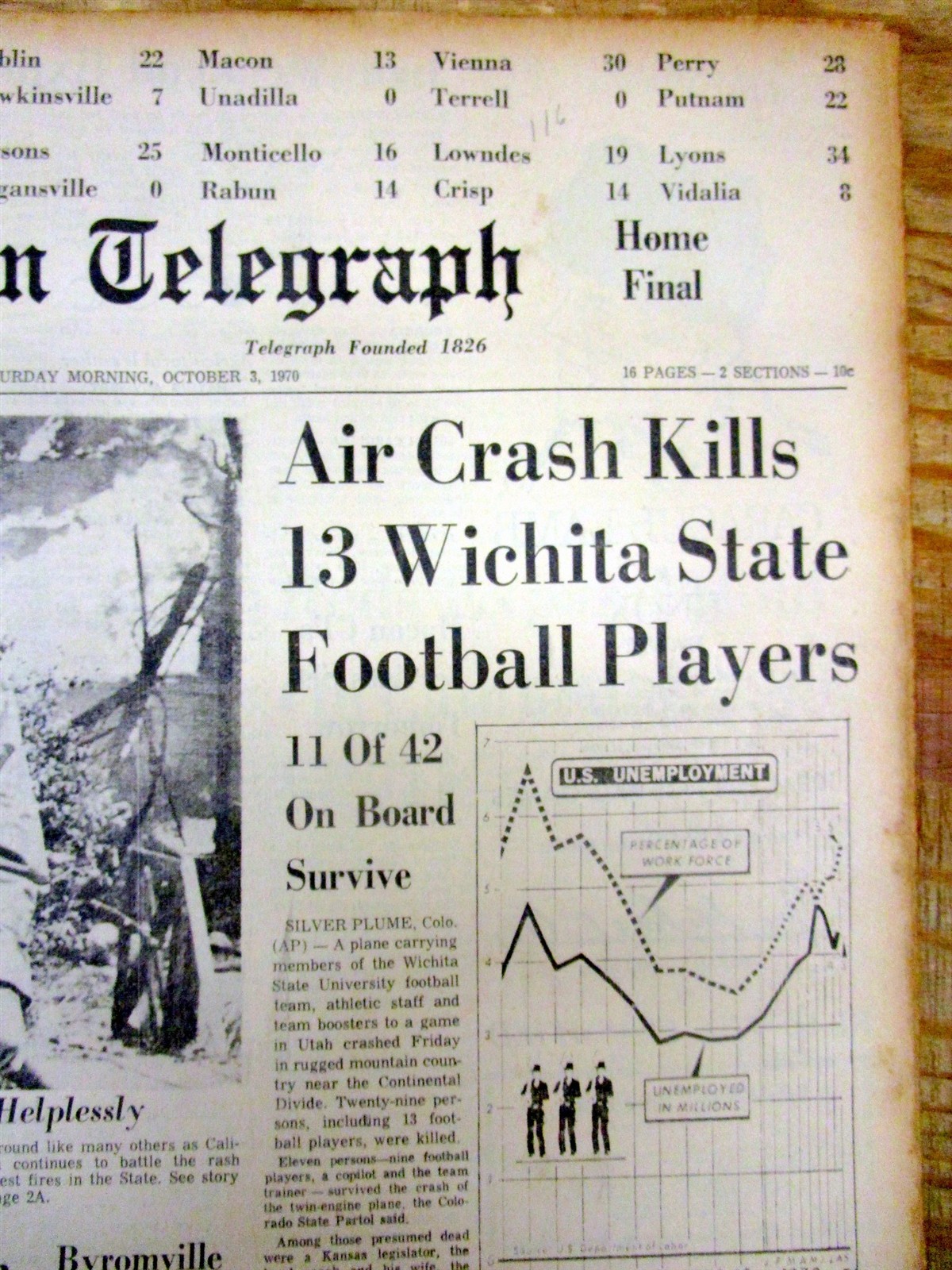 1970 newspaper WICHITA STATE FOOTBALL TEAM DISASTER -PLANE CRASH 13 players DEAD