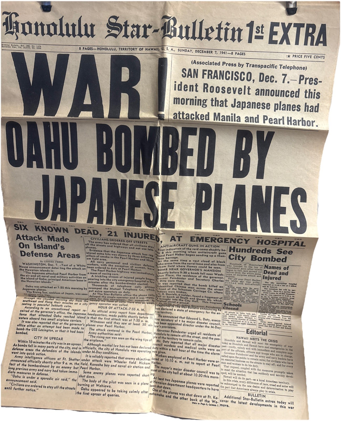 Honolulu Star Bulletin 1st&2nd Extra Editions WAR! Dec 7 1941 Pearl Harbor