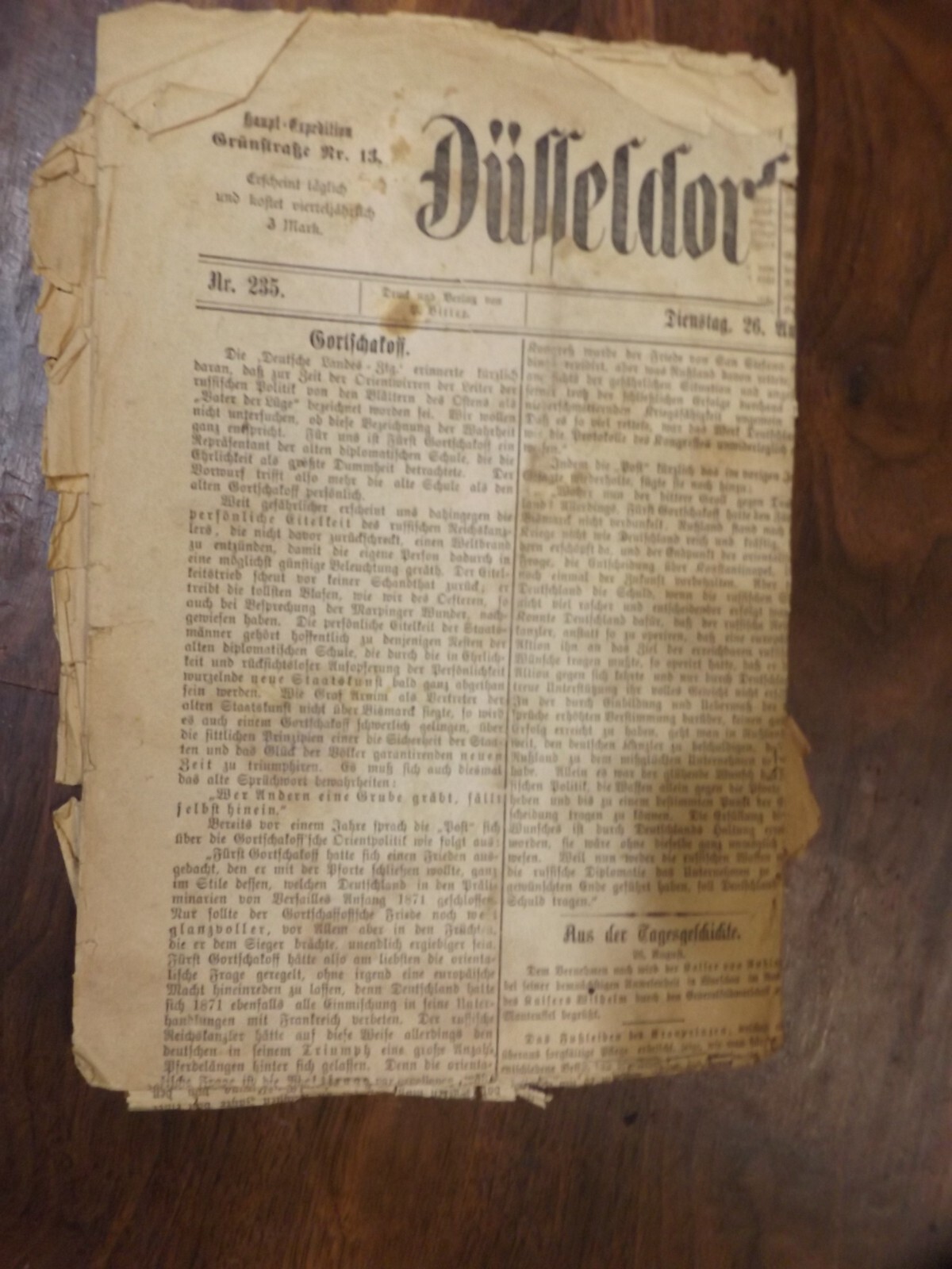 Antique 26 Ungun 1879 German Newspaper DÜSSELDORF UNZEIGER Dienstag As Is
