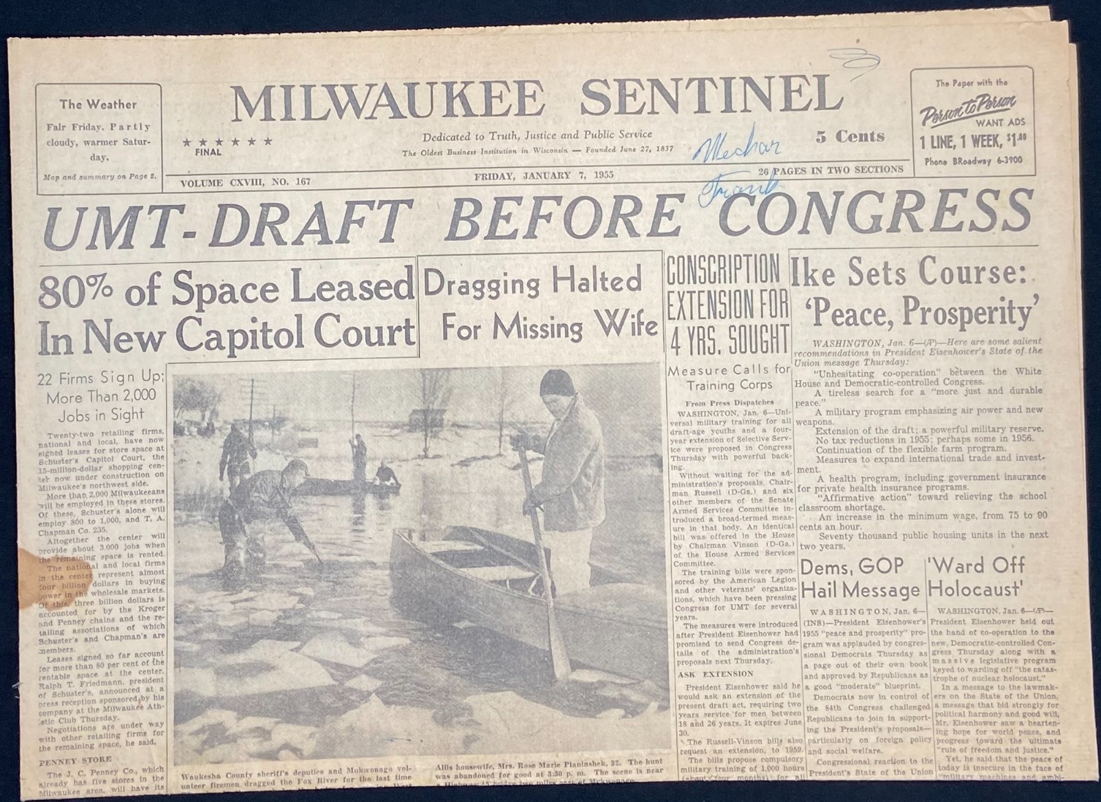 MILWAUKEE SENTINEL – January 7, 1955 – military draft – Eisenhower Cold War news