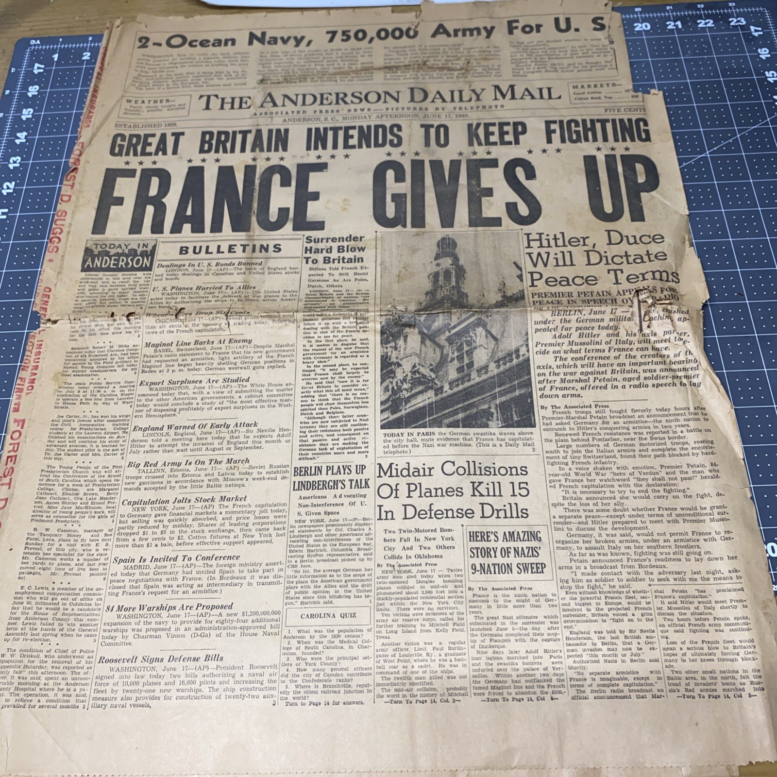 The Anderson Daily Mail June 17, 1940 France Gives Up WWII Front And Back Page