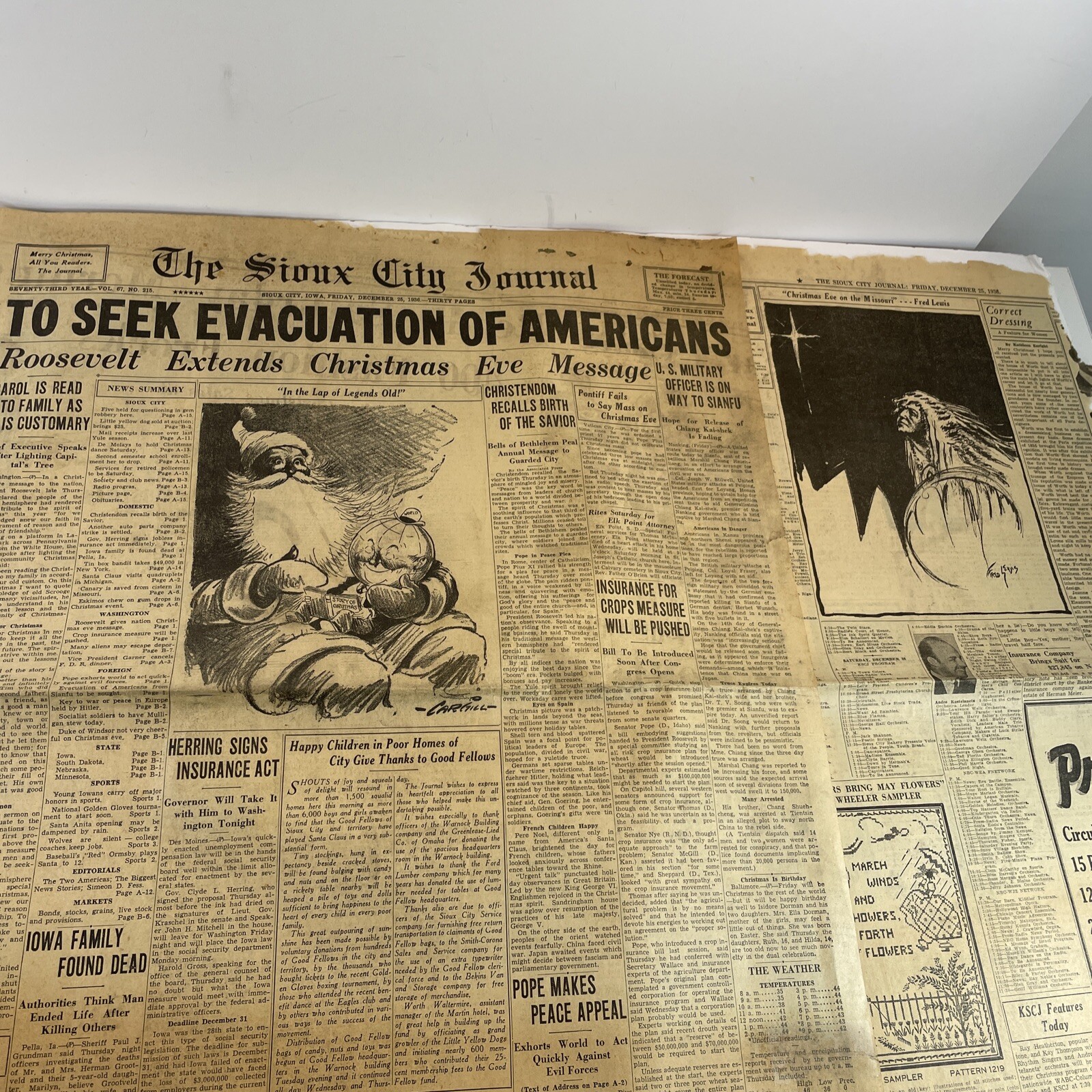 RARE 1936 Christmas Eve Roosevelt Newspaper Santa Native American By Fred Lewis