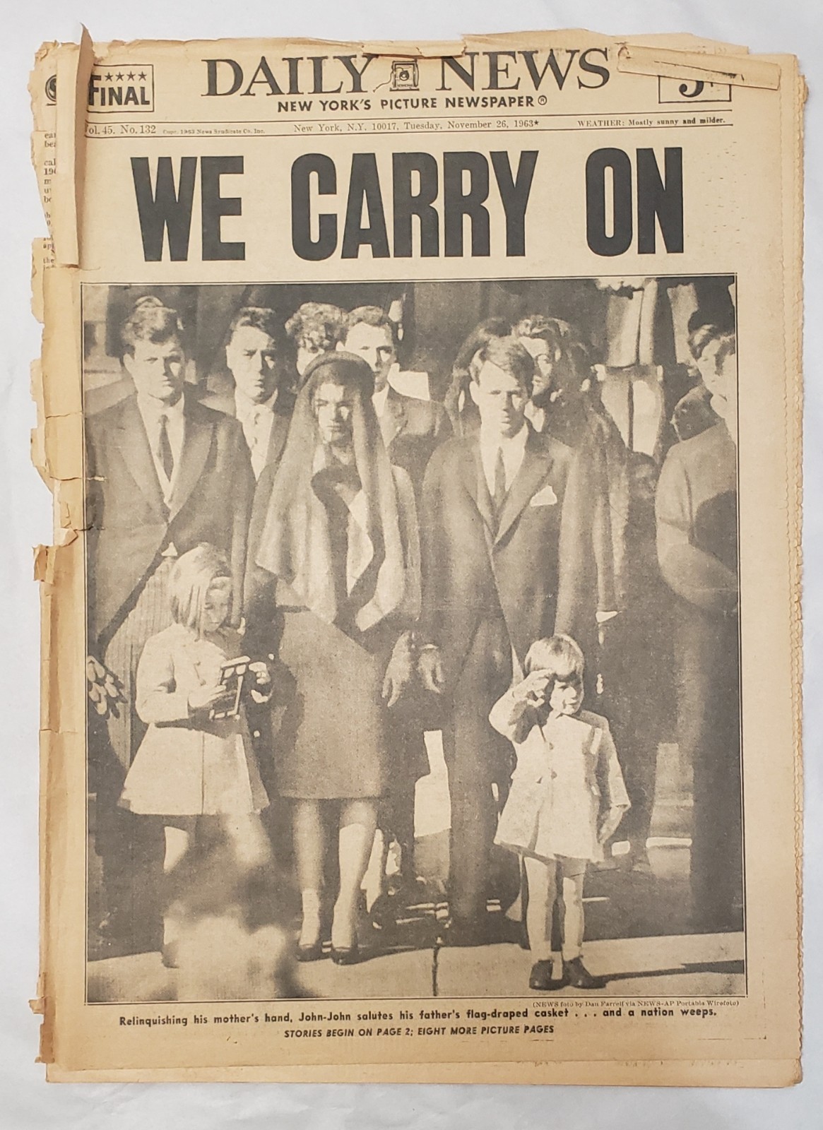 Vintage New York Daily News Nov 26 1963 JFK Funeral WE CARRY ON John John Salute