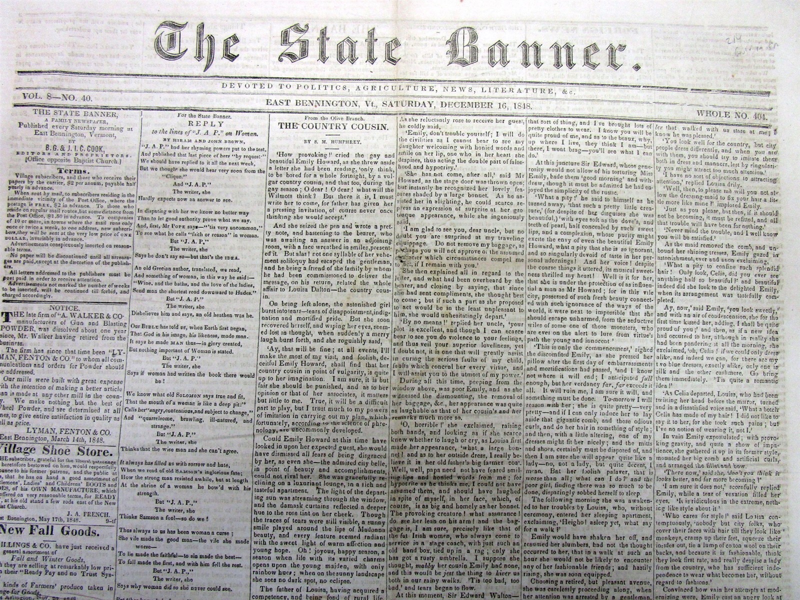 1848 newspaper w Early report GOLD IS DISCOVERED in CALIFORNIA Gold Rush Begins