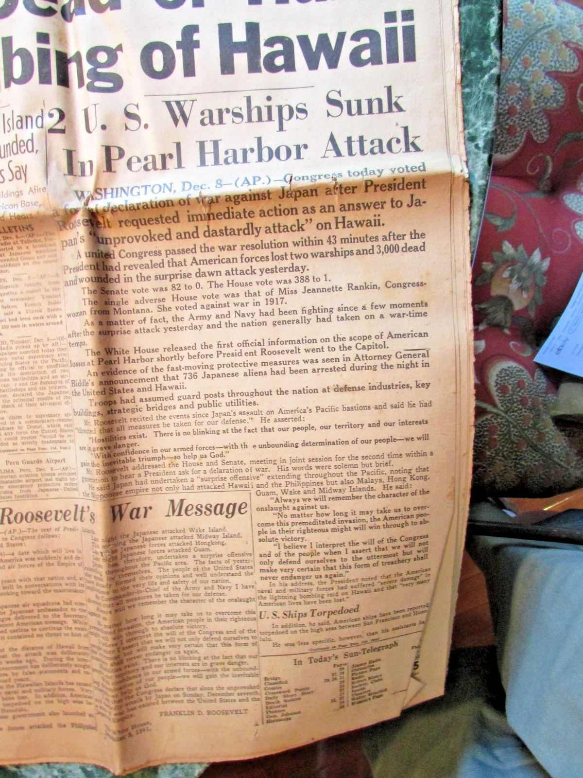 December 8, 1941 – U. S. VOTES WAR ON JAPS – Pittsburgh Sun-Telegraph