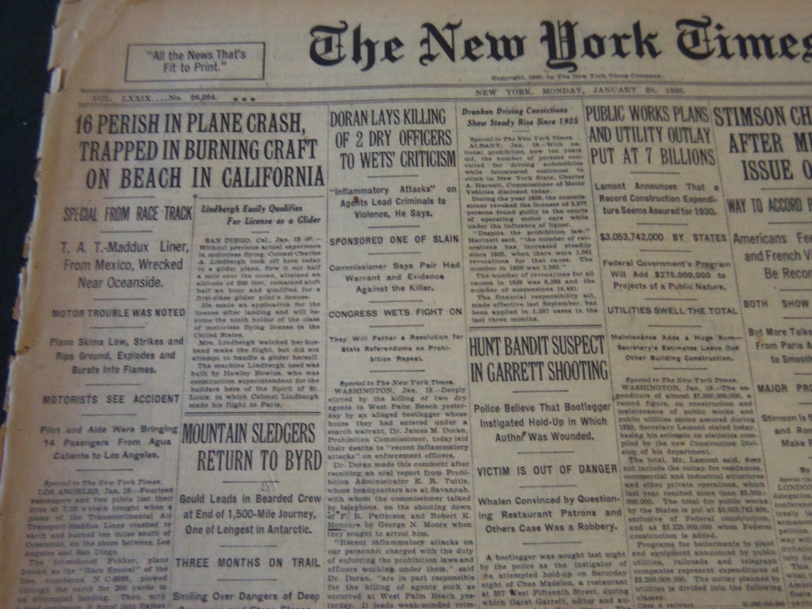 1930 JAN 20 NEW YORK TIMES – 16 DIE IN PLANE CRASH AT CALIFORNIA BEACH – NT 5662