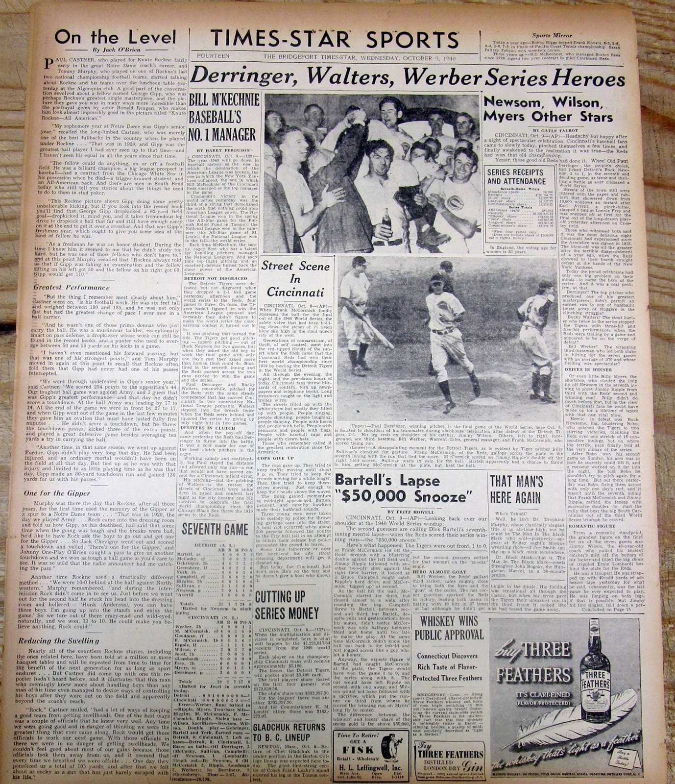 1940 newspaper CINCINNATI REDS WIN baseball WORLD SERIES vs DETROIT TIGERS