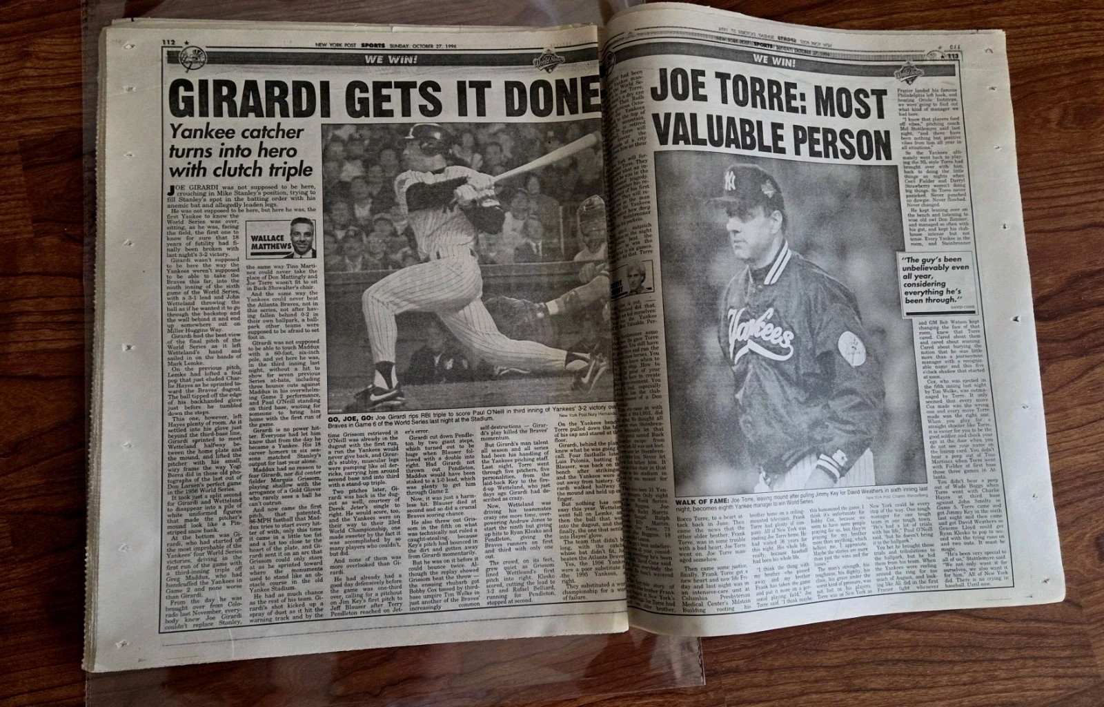 NY YANKEES WORLD SERIES CHAMPS 10/27/1996 NY POST .. FRAME IT!!