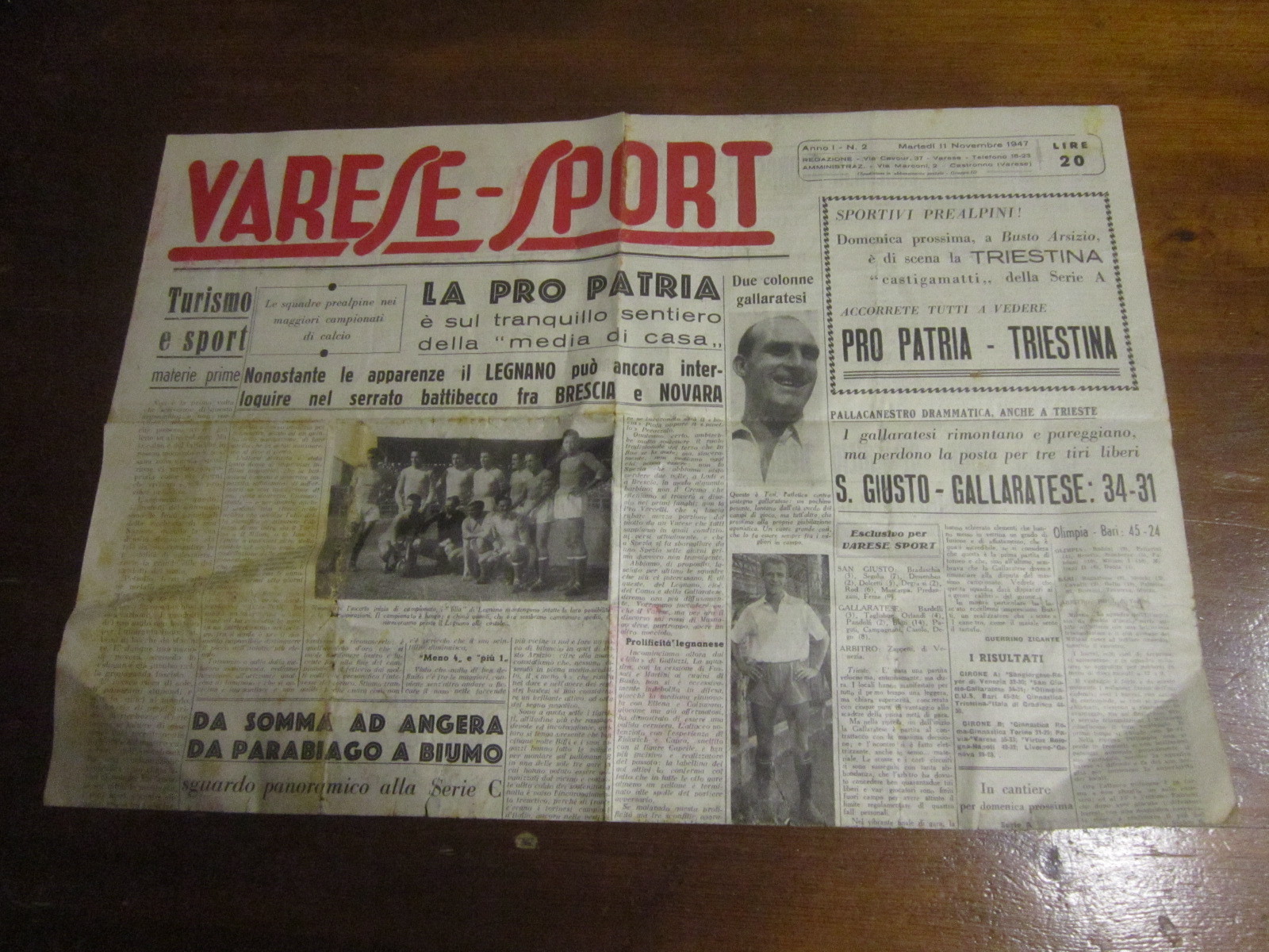 VARESE SPORT ANNO I° N°2 NOVEMBRE 1947 PRO PATRIA LEGNANO GALLARATESE RARISSIMO