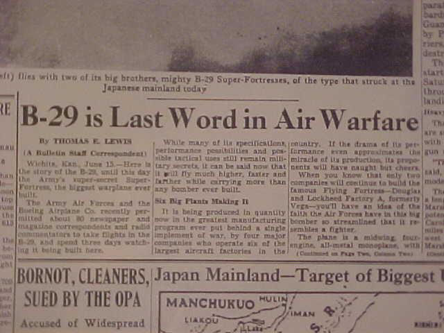 VINTAGE NEWSPAPER HEADLINES~WORLD WAR 2 B-29 PLANES BOMB TOKYO JAPAN WWII 1944