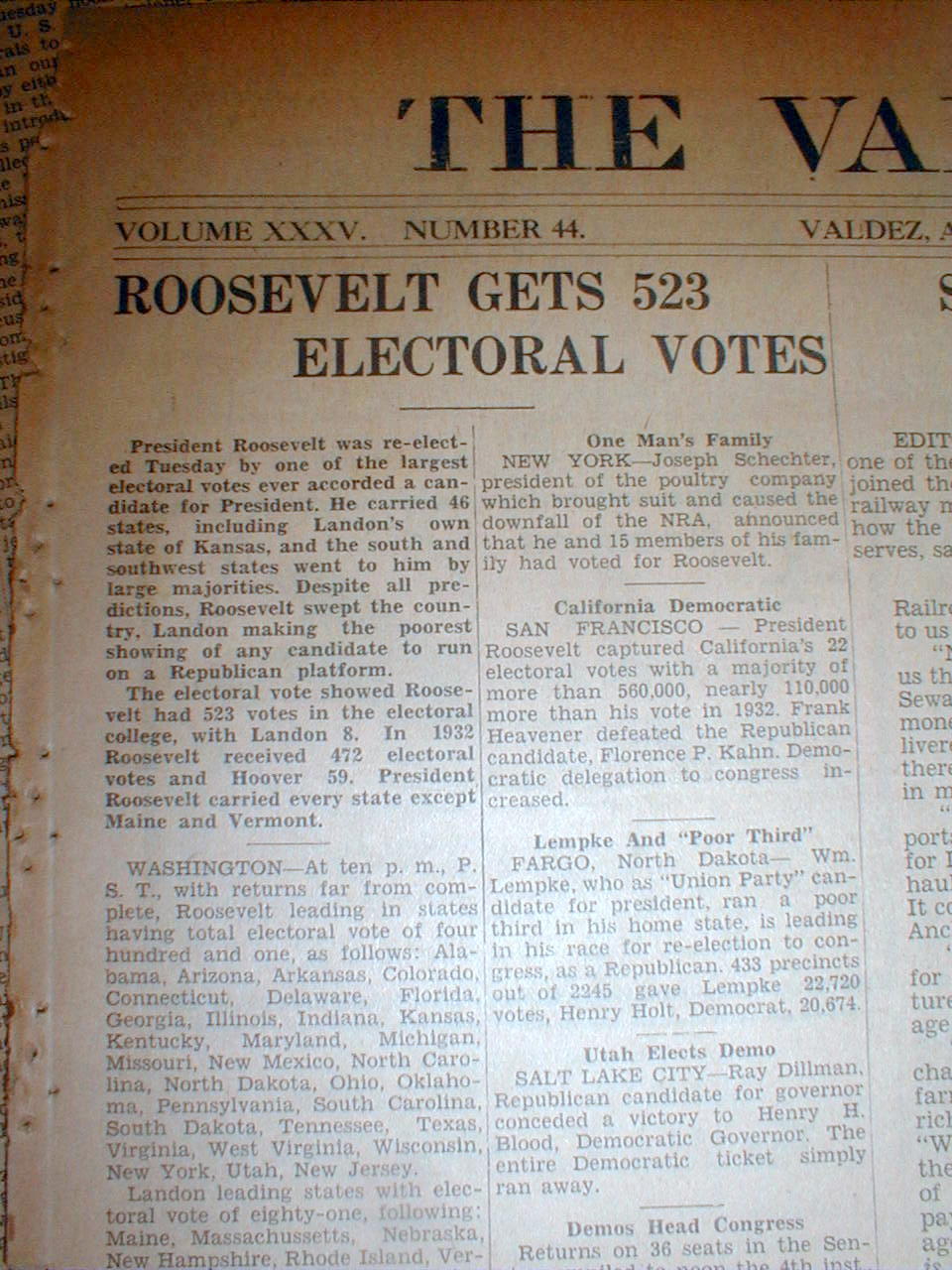 2 1936 Valdez ALASKA TERRITORY newspapers FRANKLIN D ROOSEVELT elected President
