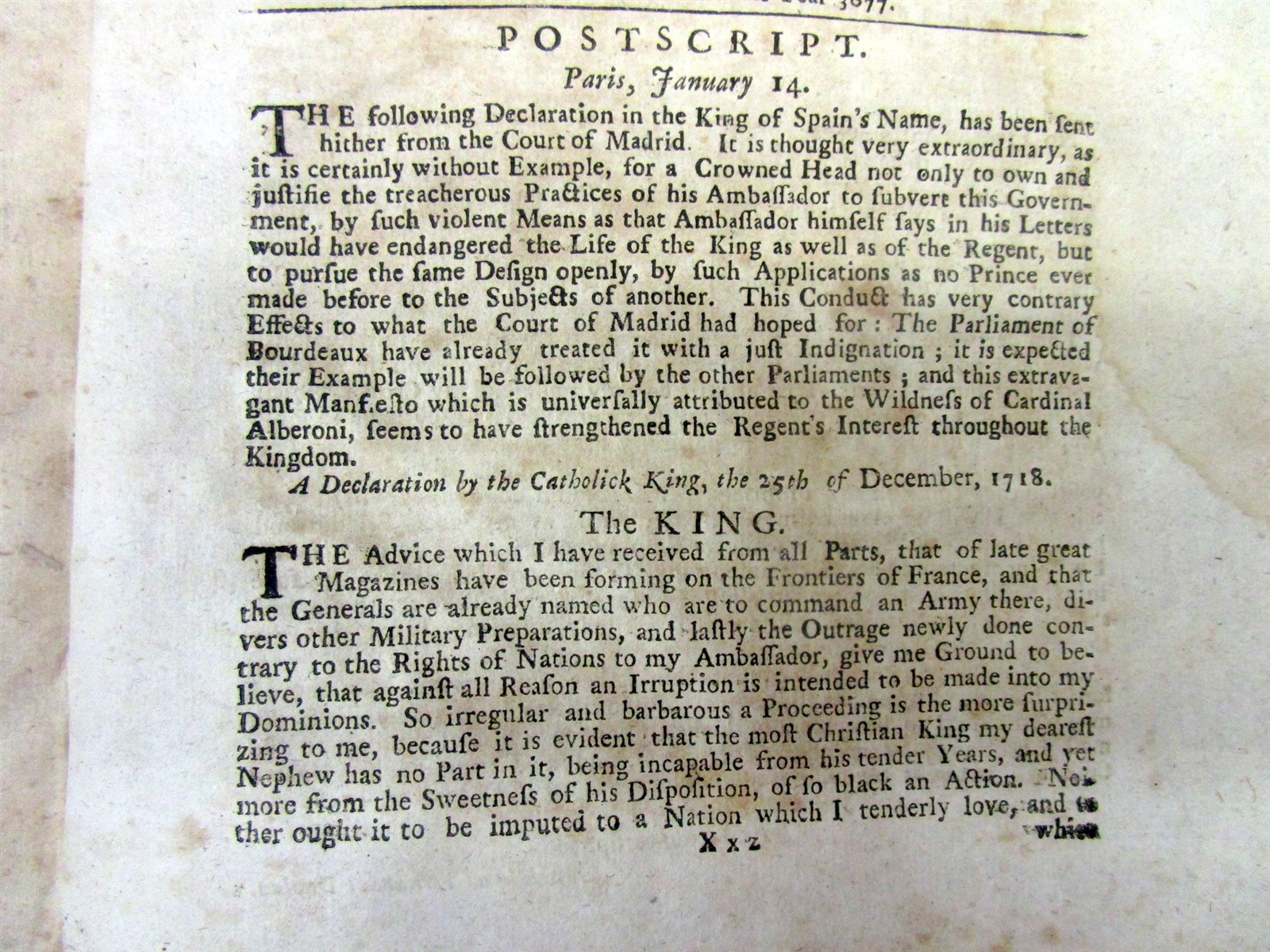 1718 newspaper / news book ENGLAND & FRANCE DECLARE WAR on SPAIN – War in EUROPE